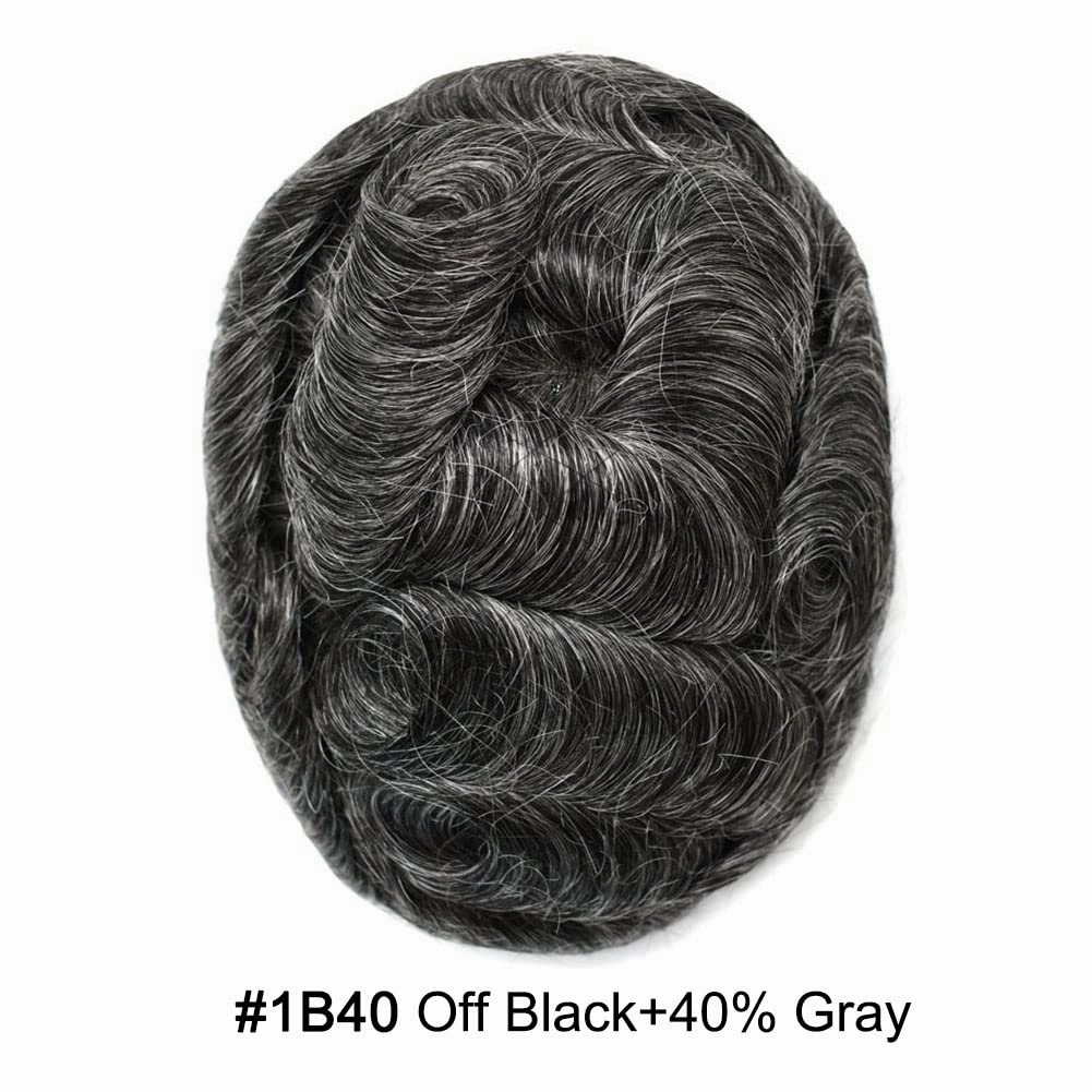 Toupee For Men Hair Pieces Real Human Hair Fine Mono Hair Replacement System Mens Toupee Hairpiece For Men Para Protesis Capilar 7x9 Medium light density #1B40 1B# OFF BLACK 40% GREY