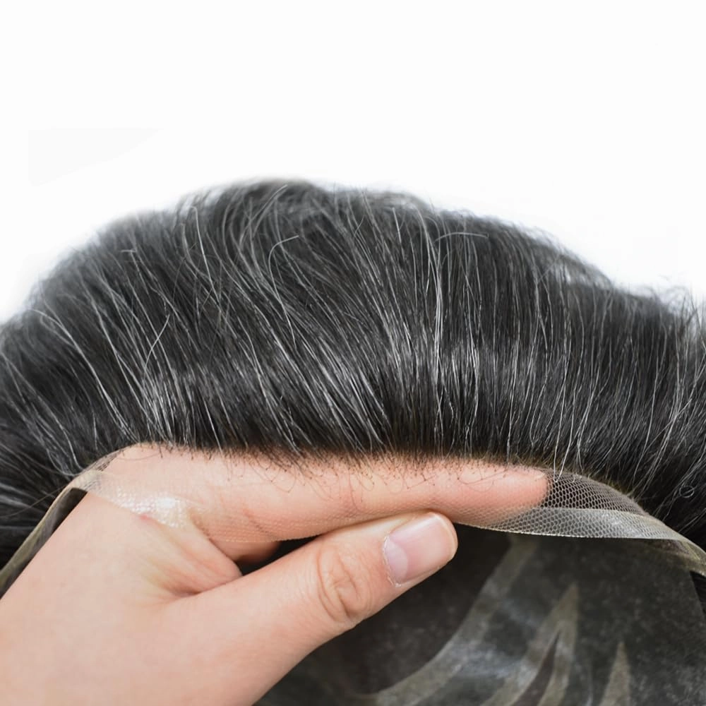 Toupee For Men Hair Pieces Real Human Hair Fine Mono Hair Replacement System Mens Toupee Hairpiece For Men Para Protesis Capilar 7x9 Medium light density #1B40 1B# OFF BLACK 40% GREY
