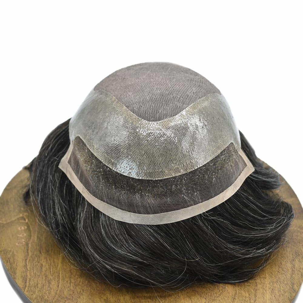Toupee For Men Hair Pieces Real Human Hair Fine Mono Hair Replacement System Mens Toupee Hairpiece For Men Para Protesis Capilar 7x9 Medium light density #1B40 1B# OFF BLACK 40% GREY
