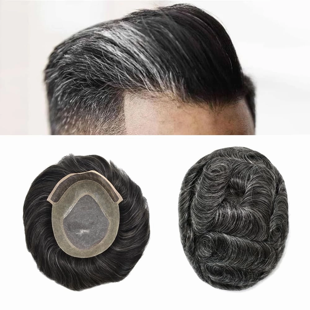 Toupee For Men Hair Pieces Real Human Hair Fine Mono Hair Replacement System Mens Toupee Hairpiece For Men Para Protesis Capilar 7x9 Medium light density #1B40 1B# OFF BLACK 40% GREY