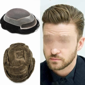 Toupee For Men Hair Pieces Real Human Hair Fine Mono Hair System For Men French Lace Front Mens Toupee Hairpiece For Men Natural Hairline 6x8 Medium light density 7# VERY LIGHT BROWN