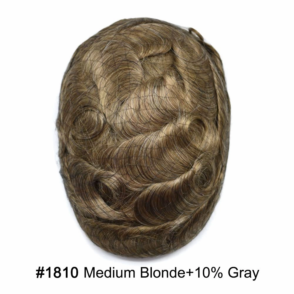 Toupee For Men Hair Replacement System Real Human Hair Piece For Men Swiss Lace Mens Toupee Hair Pieces Hair System For Men 7x9 100% light to medium density#1810 18# MEDIUM BLONDE 10%GREY
