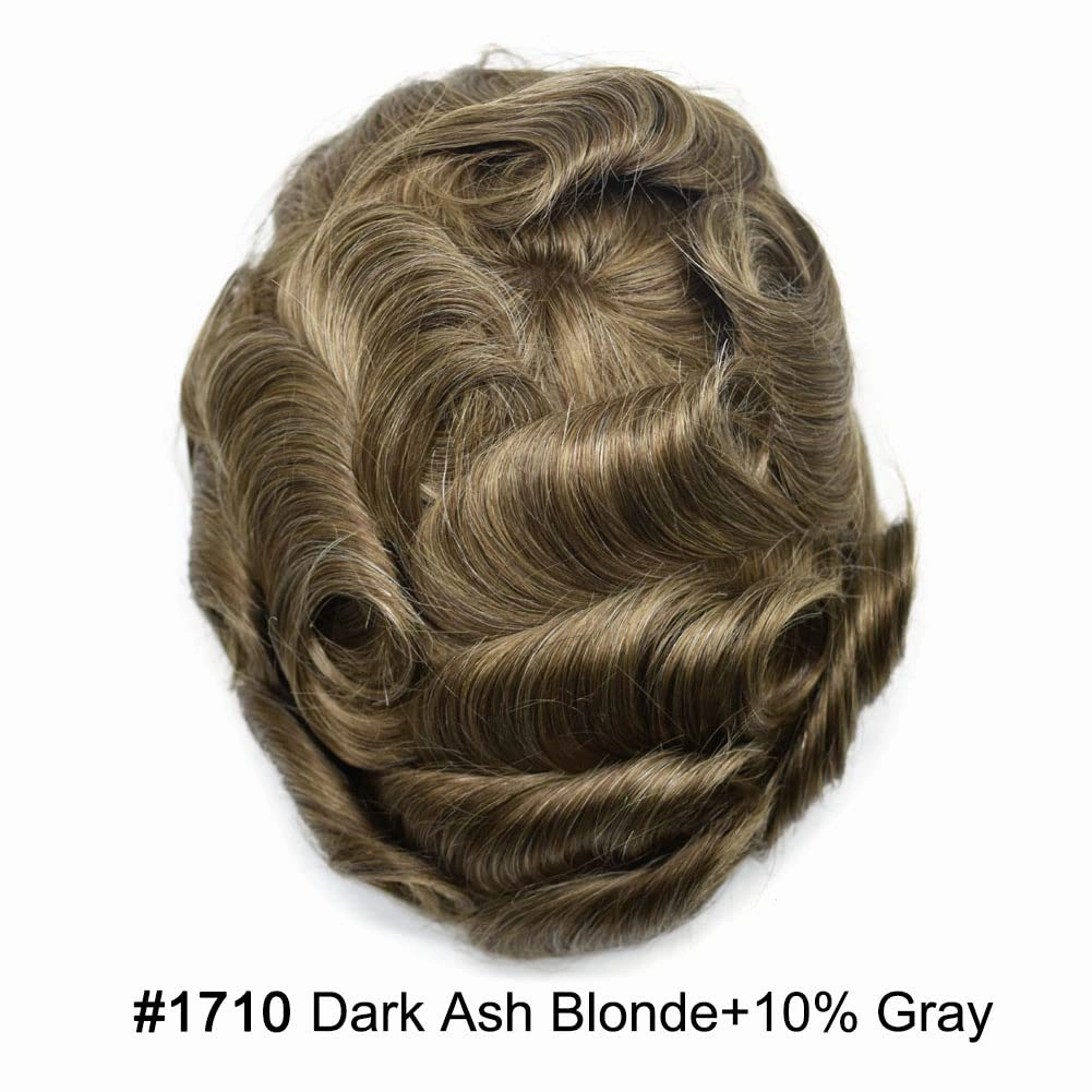Toupee For Men Hair Replacement System Real Human Hair Piece For Men Swiss Lace Mens Toupee Hair System For Men 7x9 100% light to medium density#1710 17# DARK ASH BLONDE 10% GREY