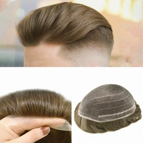 Toupee For Men Human Hair Piece For Men Replacement System Fine Welded Mono Full Lace Mens Toupee Mens Hairpiece 8x10 100% light to medium density#1830 18# MEDIUM BLONDE 30% GREY