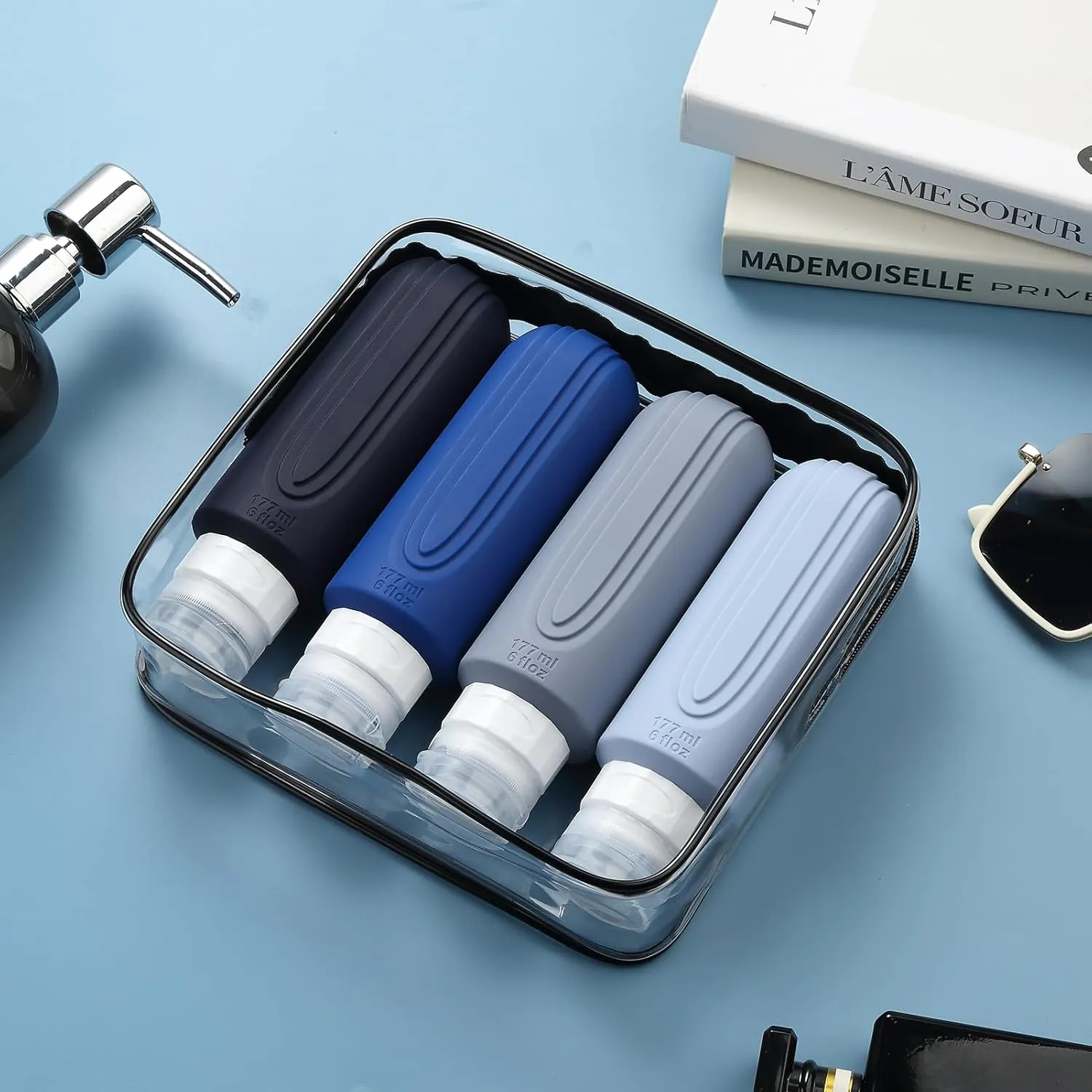 Travel Bottles for Toiletries, Large 6oz Oversize Containers, BPA Free Leak Proof Tubs Refillable Liquid Travel Accessories with Toiletry Bag for Cometic Shampoo and Lotion Soap (4 Pack)