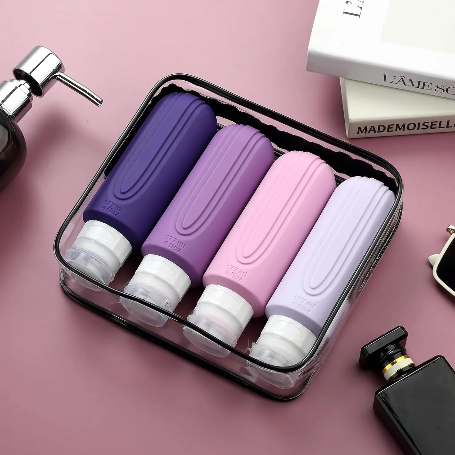 Travel Bottles for Toiletries, Large 6oz Oversize Containers, BPA Free Leak Proof Tubs Refillable Liquid Travel Accessories with Toiletry Bag for Cometic Shampoo and Lotion Soap (4 Pack)