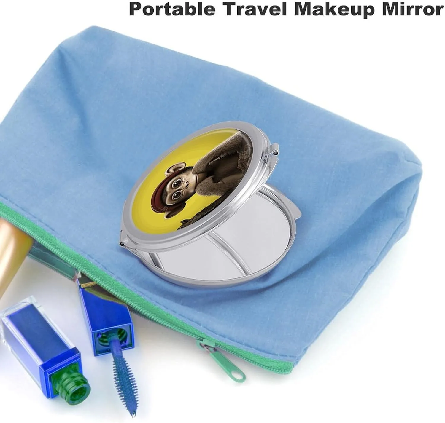 Travel Compact Makeup Mirror Cute Pocket Round Folding Mirror Curious Monkey Printed Portable 2 X 1x Magnification Makeup Mirror, Ideal for Handbag, Girls Gift