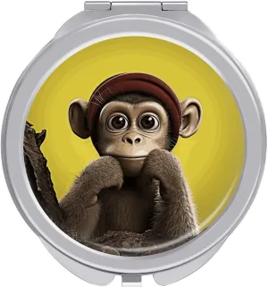 Travel Compact Makeup Mirror Cute Pocket Round Folding Mirror Curious Monkey Printed Portable 2 X 1x Magnification Makeup Mirror, Ideal for Handbag, Girls Gift