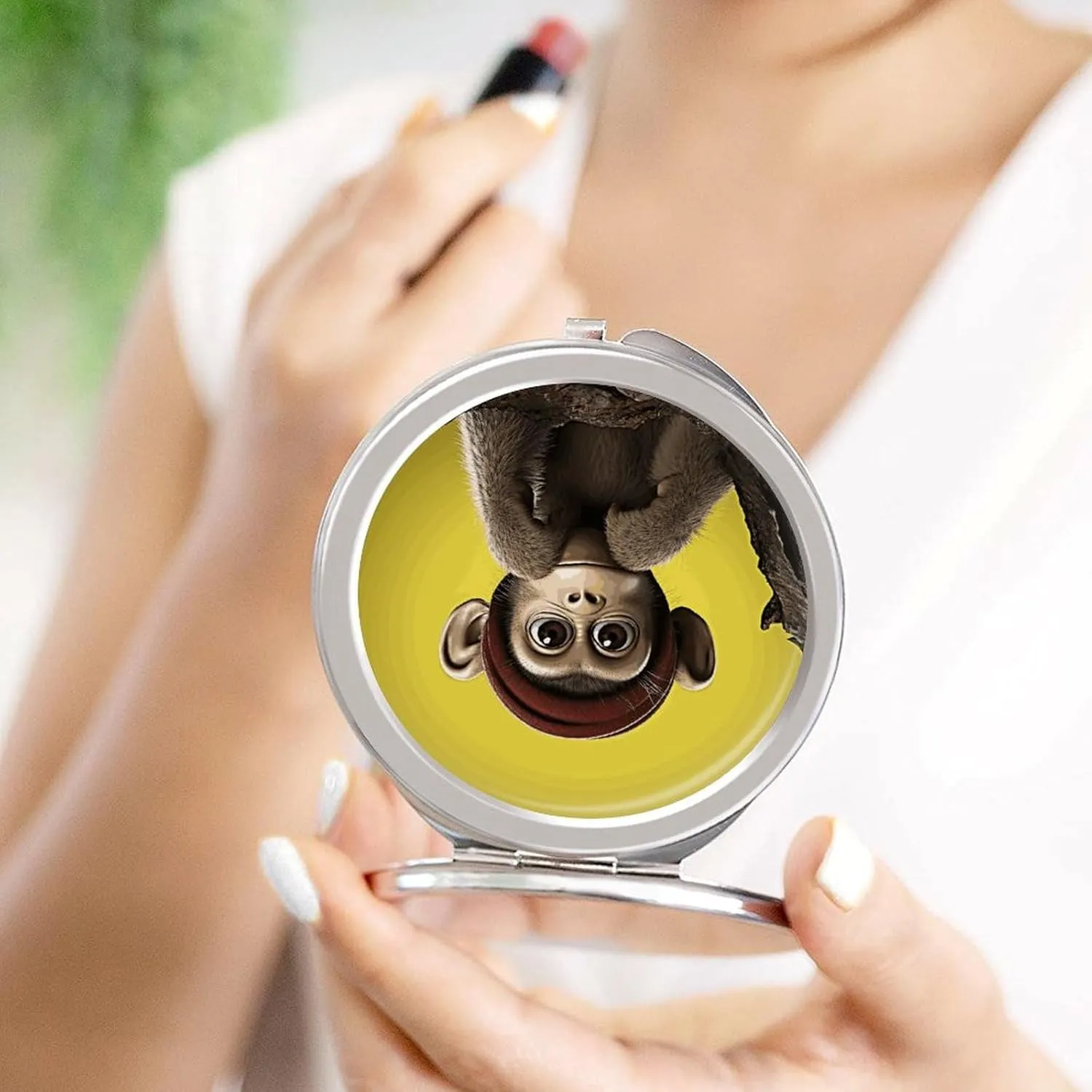 Travel Compact Makeup Mirror Cute Pocket Round Folding Mirror Curious Monkey Printed Portable 2 X 1x Magnification Makeup Mirror, Ideal for Handbag, Girls Gift