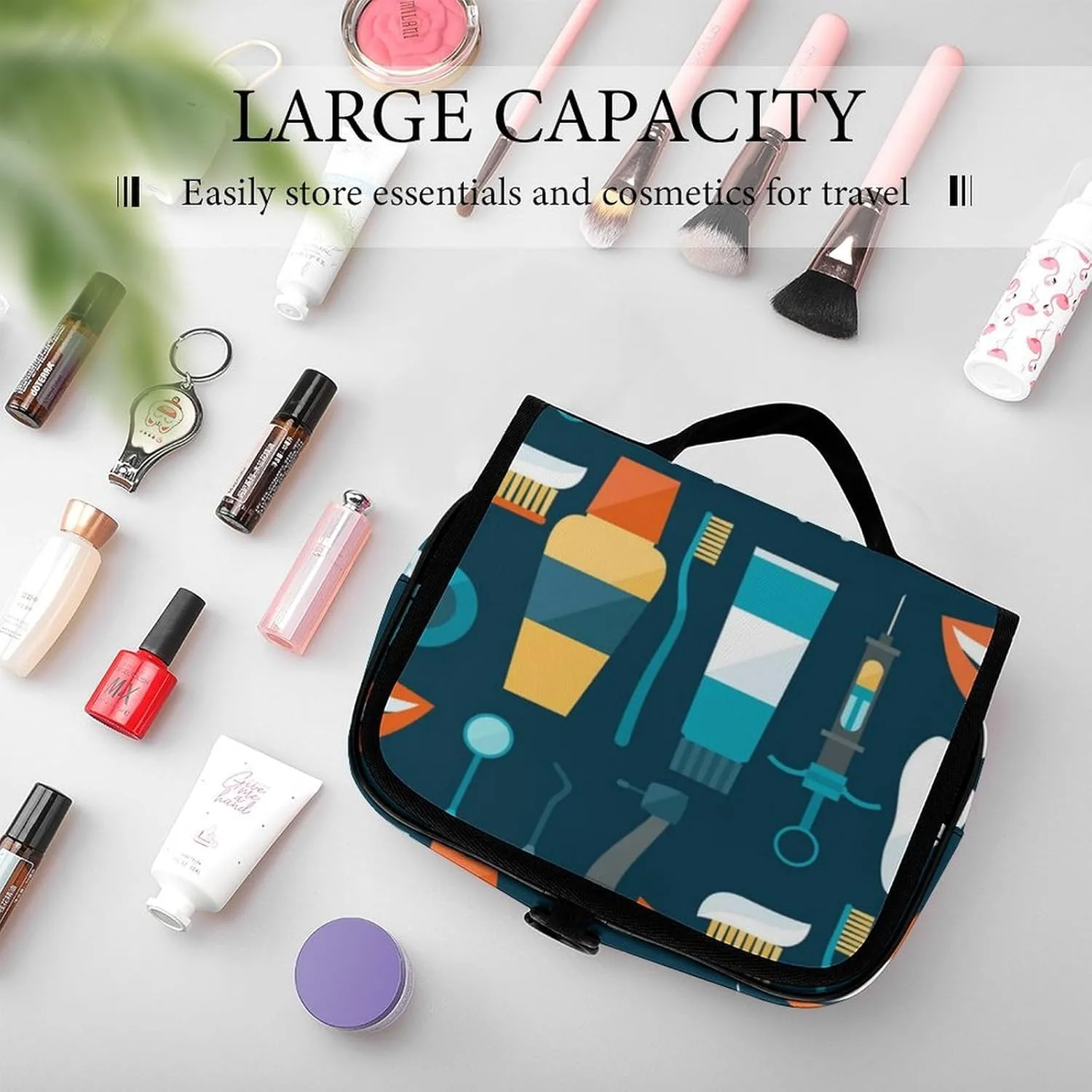 Travel Hanging Toiletry Bag for Men Women Shaving Bag Compatible with Teeth Dental Seamless Pattern, Waterproof Large Makeup Bag Wash Bag Makeup Organizer Cosmetic Case for Bathroom Shower