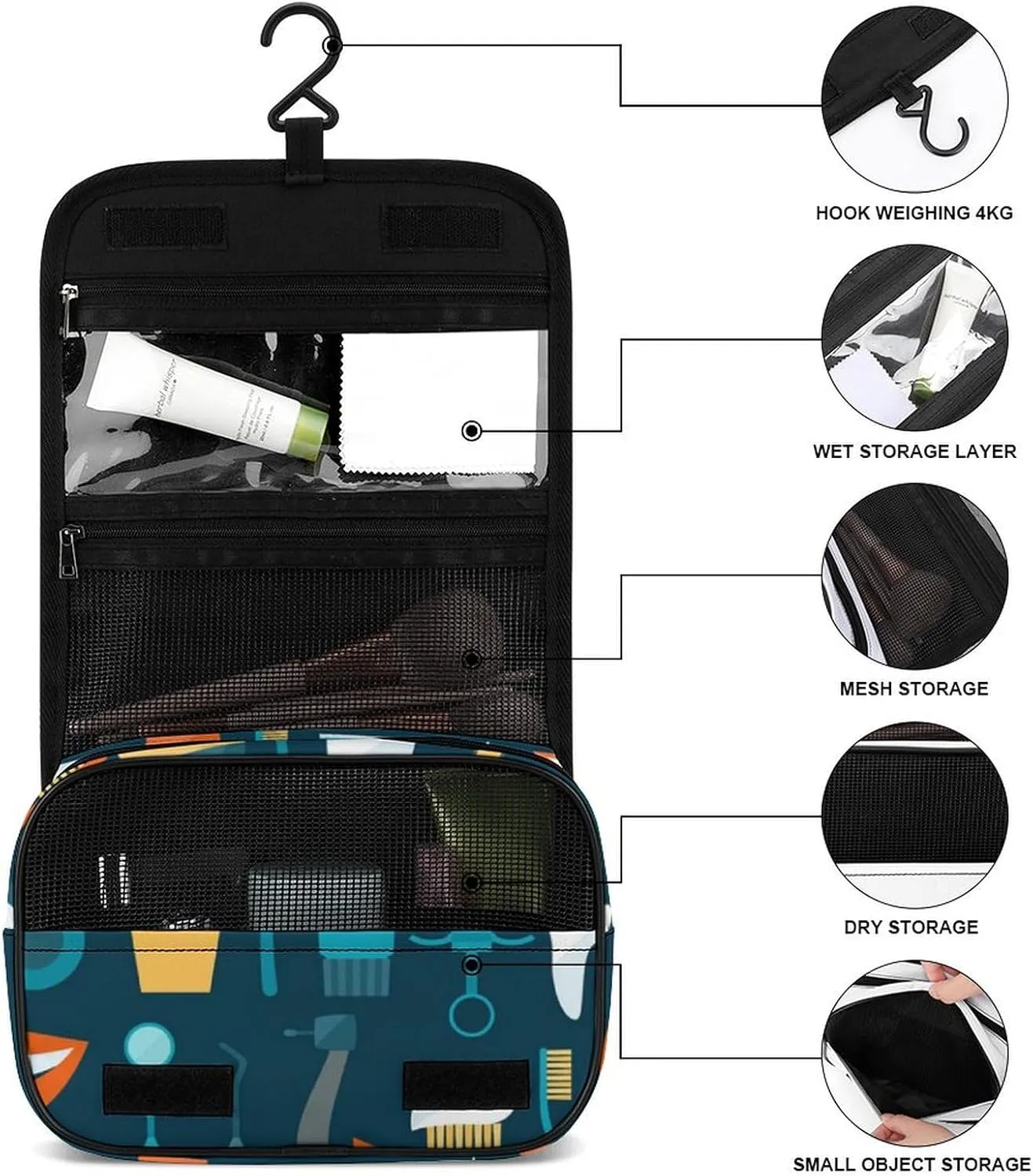 Travel Hanging Toiletry Bag for Men Women Shaving Bag Compatible with Teeth Dental Seamless Pattern, Waterproof Large Makeup Bag Wash Bag Makeup Organizer Cosmetic Case for Bathroom Shower