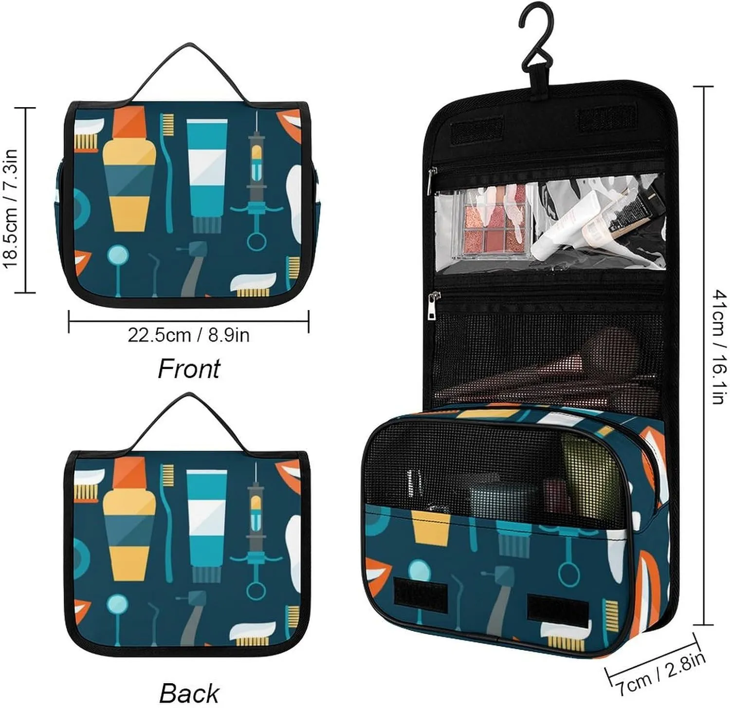 Travel Hanging Toiletry Bag for Men Women Shaving Bag Compatible with Teeth Dental Seamless Pattern, Waterproof Large Makeup Bag Wash Bag Makeup Organizer Cosmetic Case for Bathroom Shower