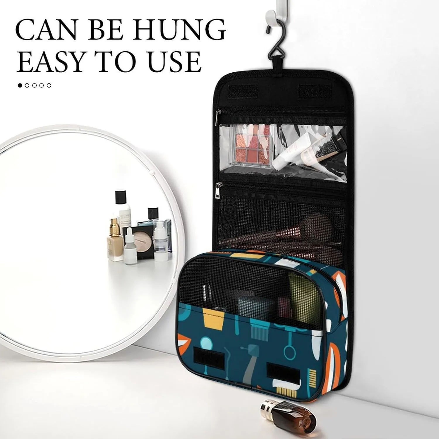 Travel Hanging Toiletry Bag for Men Women Shaving Bag Compatible with Teeth Dental Seamless Pattern, Waterproof Large Makeup Bag Wash Bag Makeup Organizer Cosmetic Case for Bathroom Shower