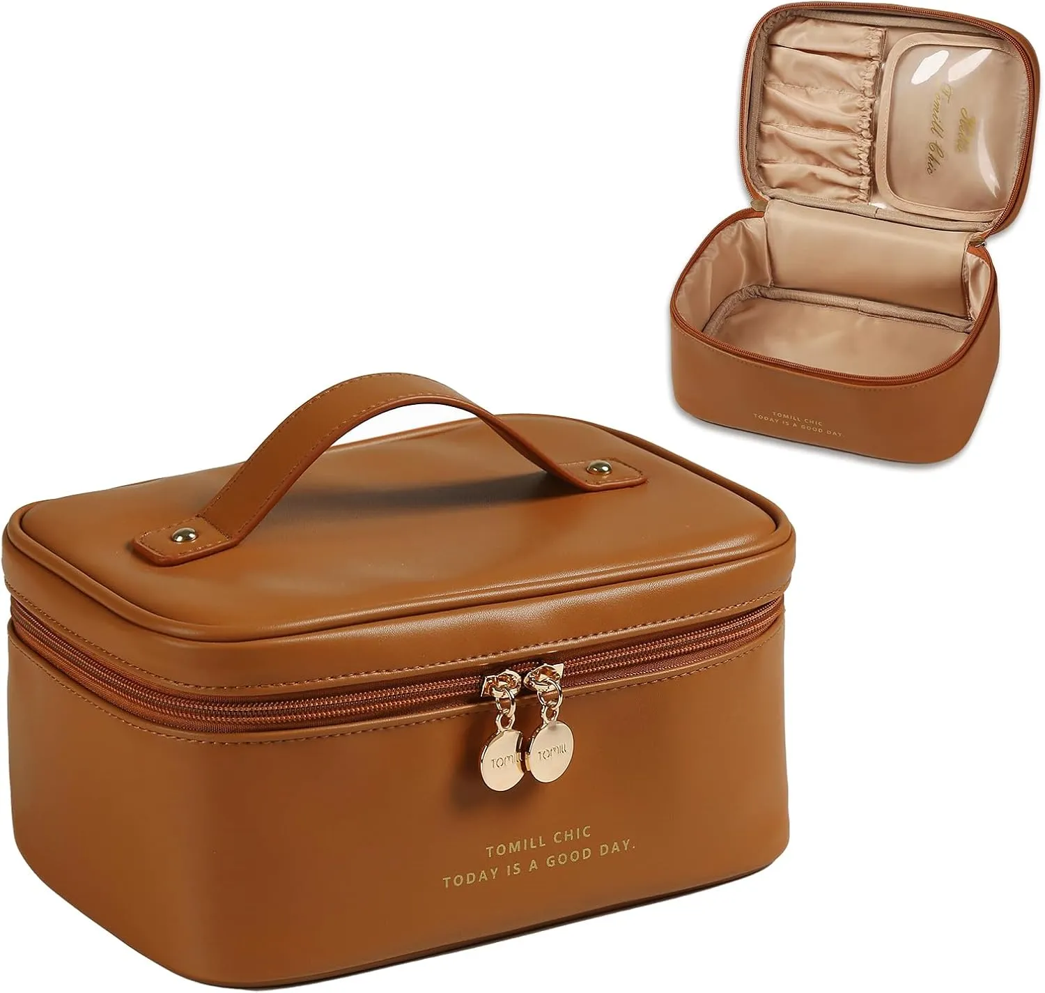 Travel Makeup Bag for Women Portable Cosmetic Bag Case Large Capacity Travel Toiletry Bag Waterproof Leather Make Up Organizer Cosmetic Brush Bag Case with Handle for Women