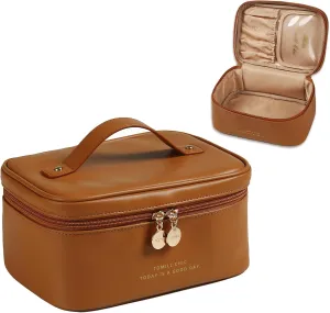 Travel Makeup Bag for Women Portable Cosmetic Bag Case Large Capacity Travel Toiletry Bag Waterproof Leather Make Up Organizer Cosmetic Brush Bag Case with Handle for Women
