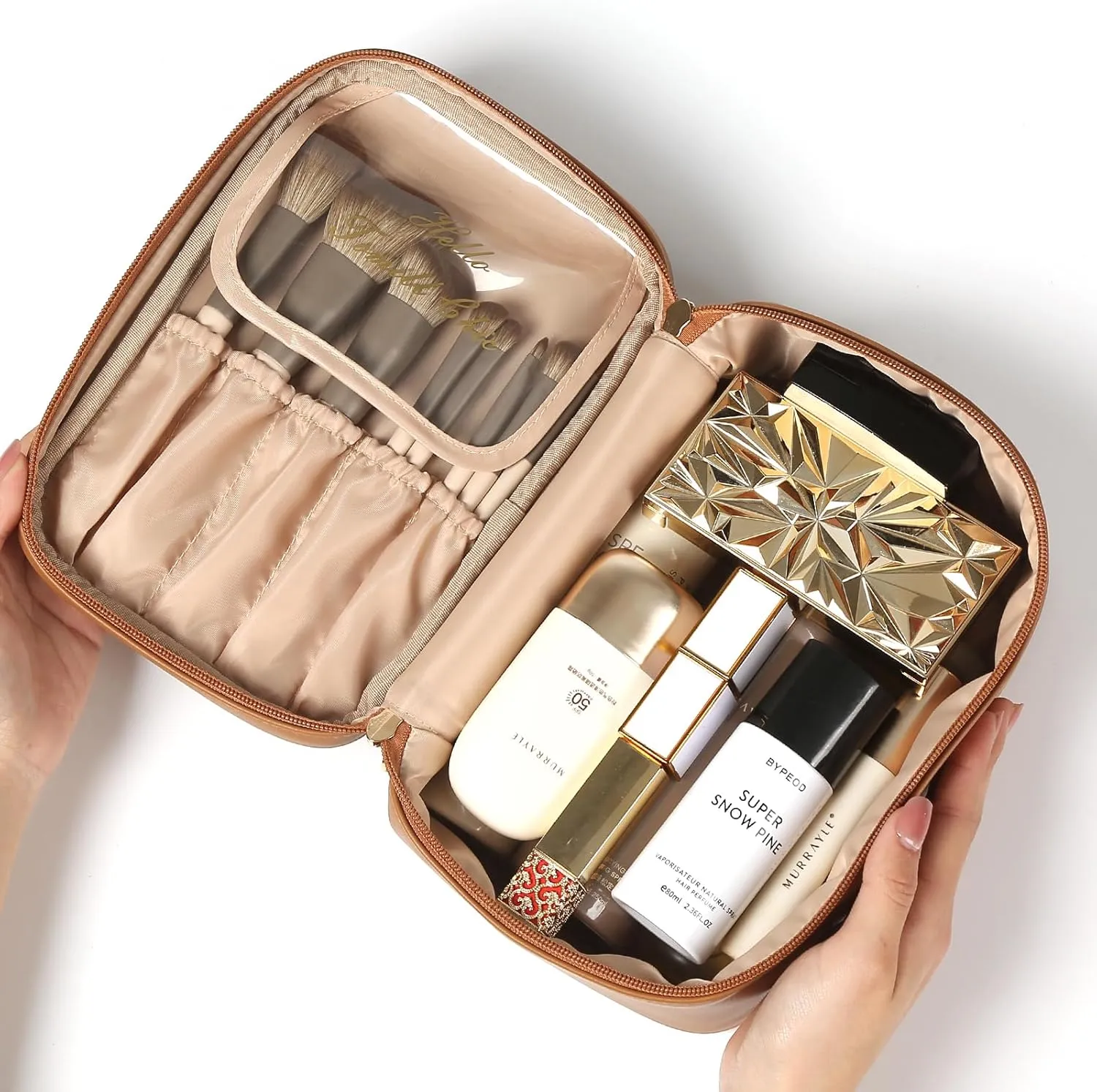Travel Makeup Bag for Women Portable Cosmetic Bag Case Large Capacity Travel Toiletry Bag Waterproof Leather Make Up Organizer Cosmetic Brush Bag Case with Handle for Women