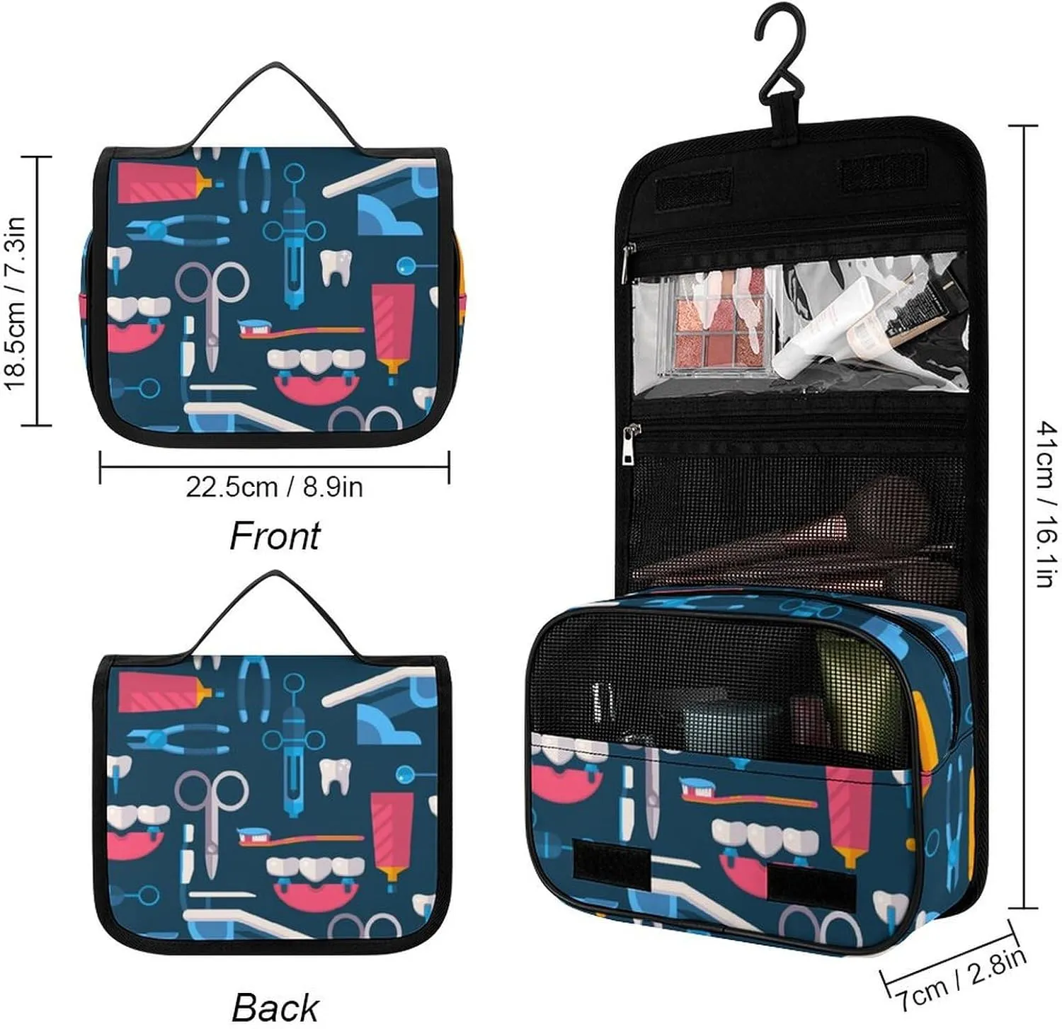 Travel Toiletry Bag for Women, Hanging Toiletry Bag with Multi Pockets, Toiletry Bag for Travel Organizer Compatible with Teeth Dental Seamless Pattern