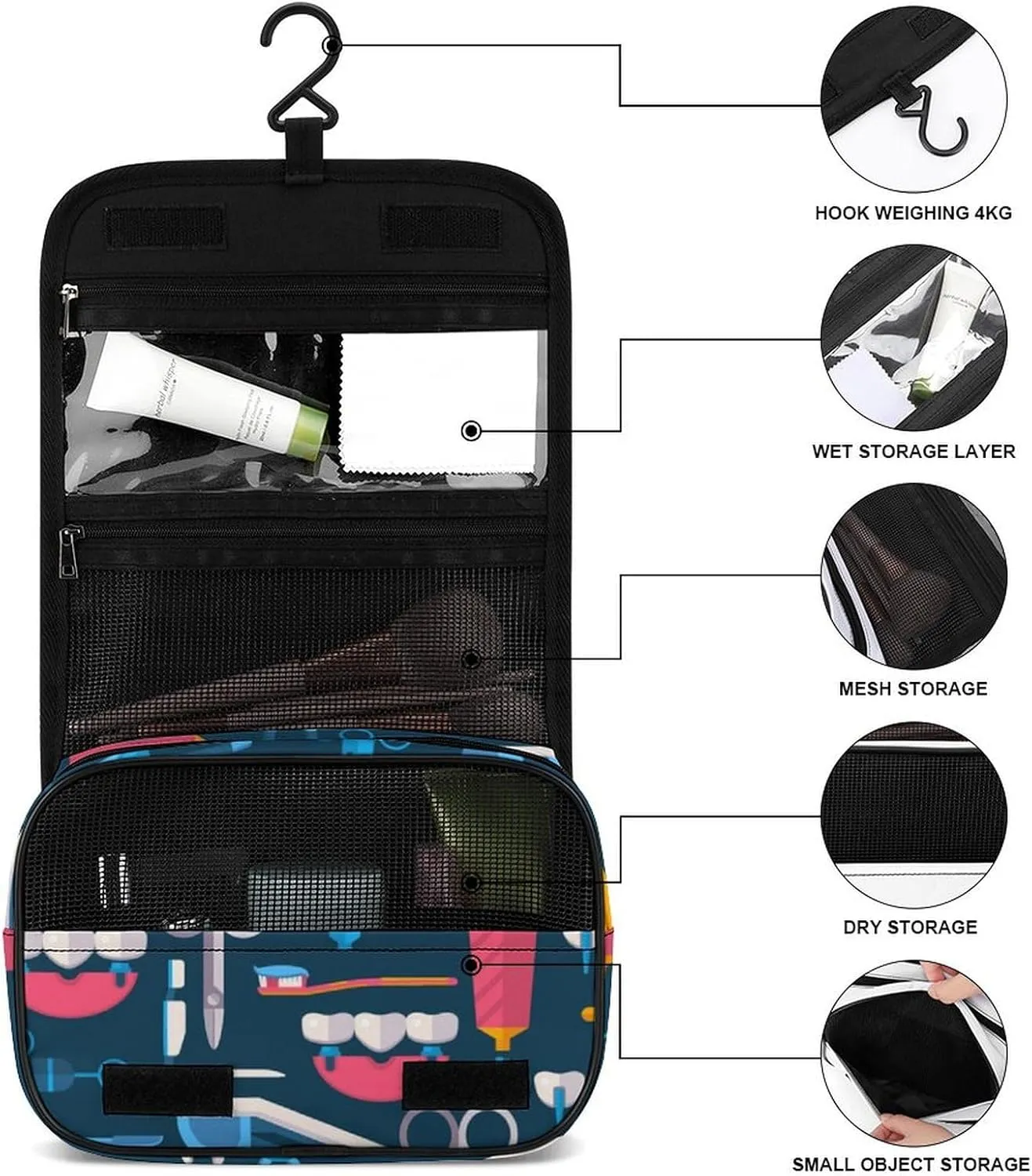Travel Toiletry Bag for Women, Hanging Toiletry Bag with Multi Pockets, Toiletry Bag for Travel Organizer Compatible with Teeth Dental Seamless Pattern