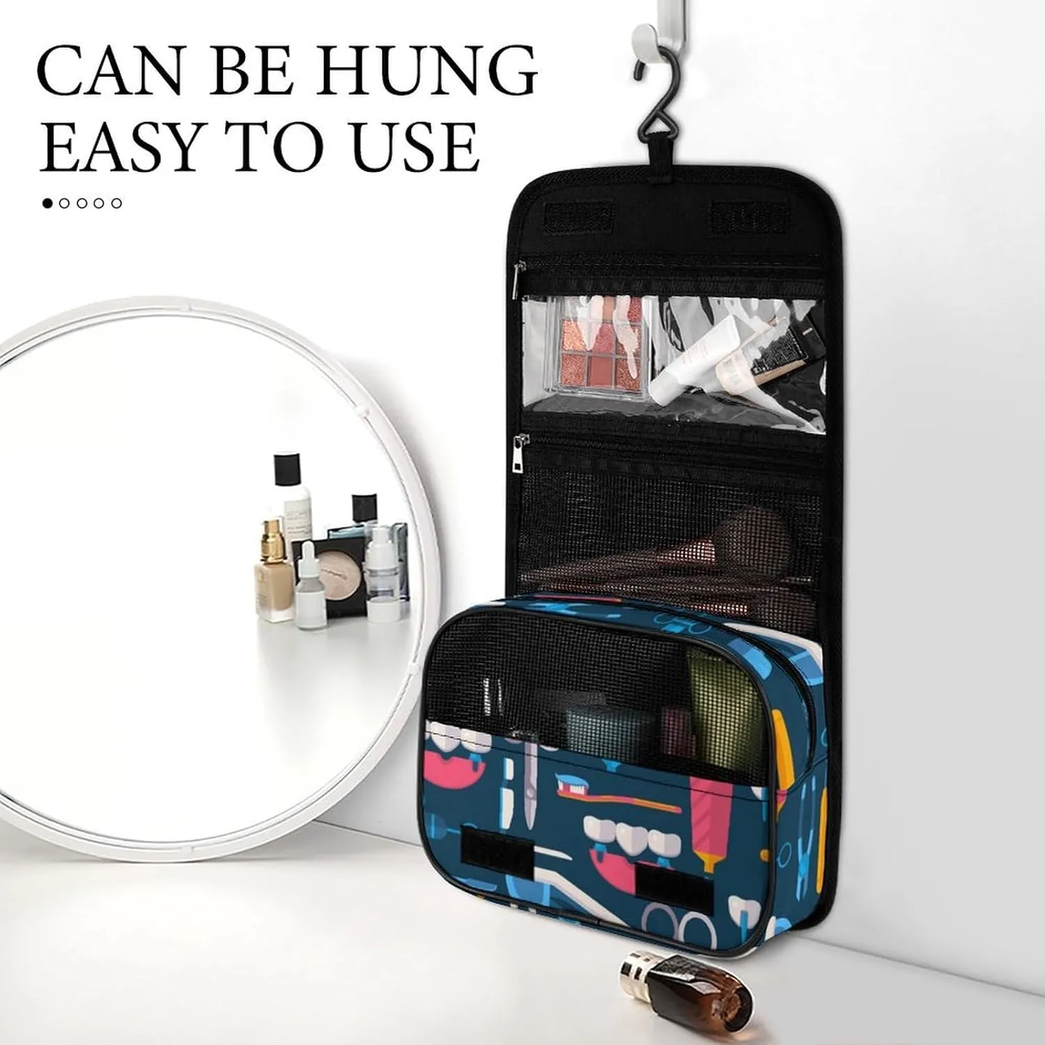 Travel Toiletry Bag for Women, Hanging Toiletry Bag with Multi Pockets, Toiletry Bag for Travel Organizer Compatible with Teeth Dental Seamless Pattern
