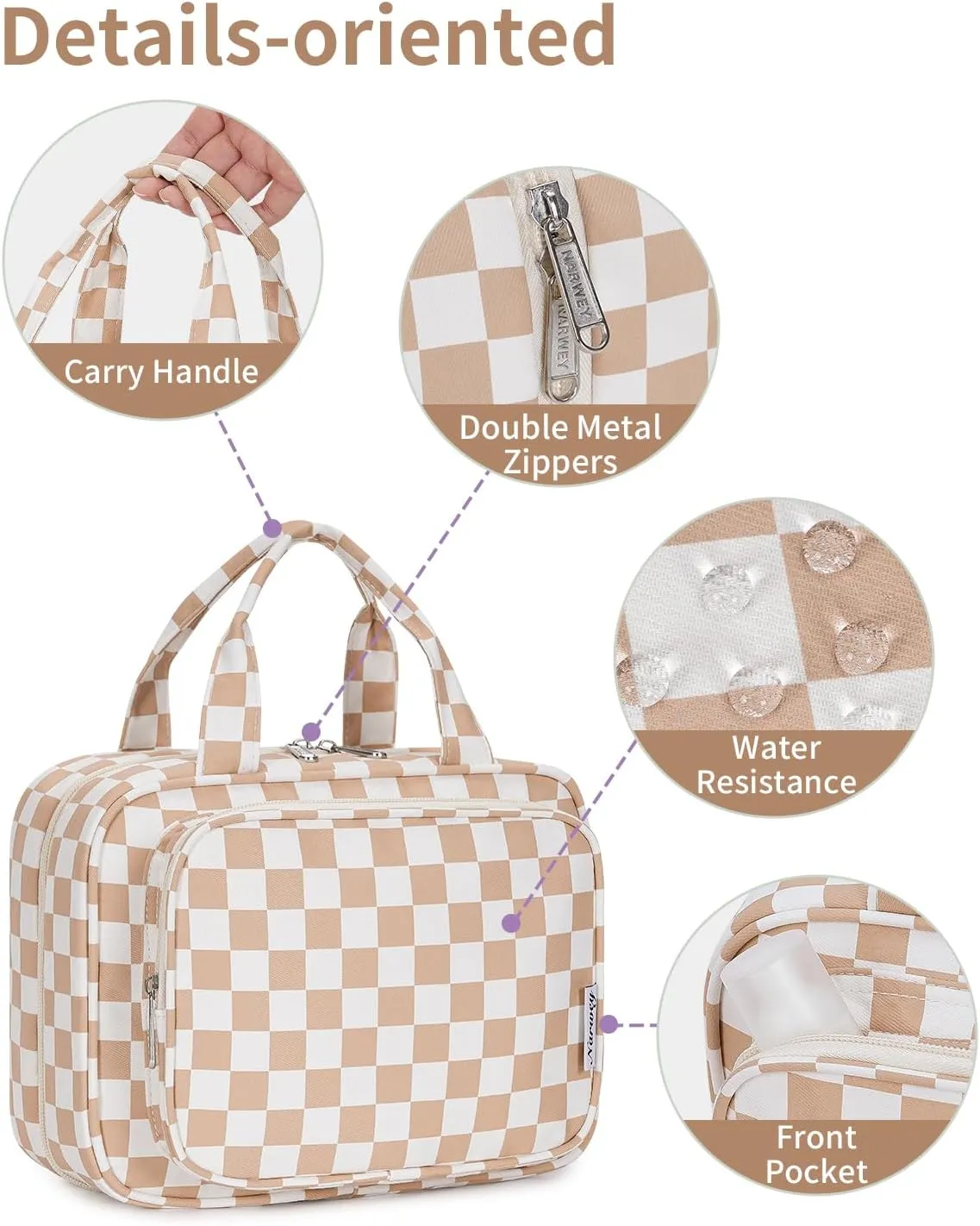 Travel Toiletry Bag for Women Large Hanging Makeup Bag Organizer Toiletries Bag for Full Size Essentials Accessories Cosmetics (Light Checkerboard (Large))