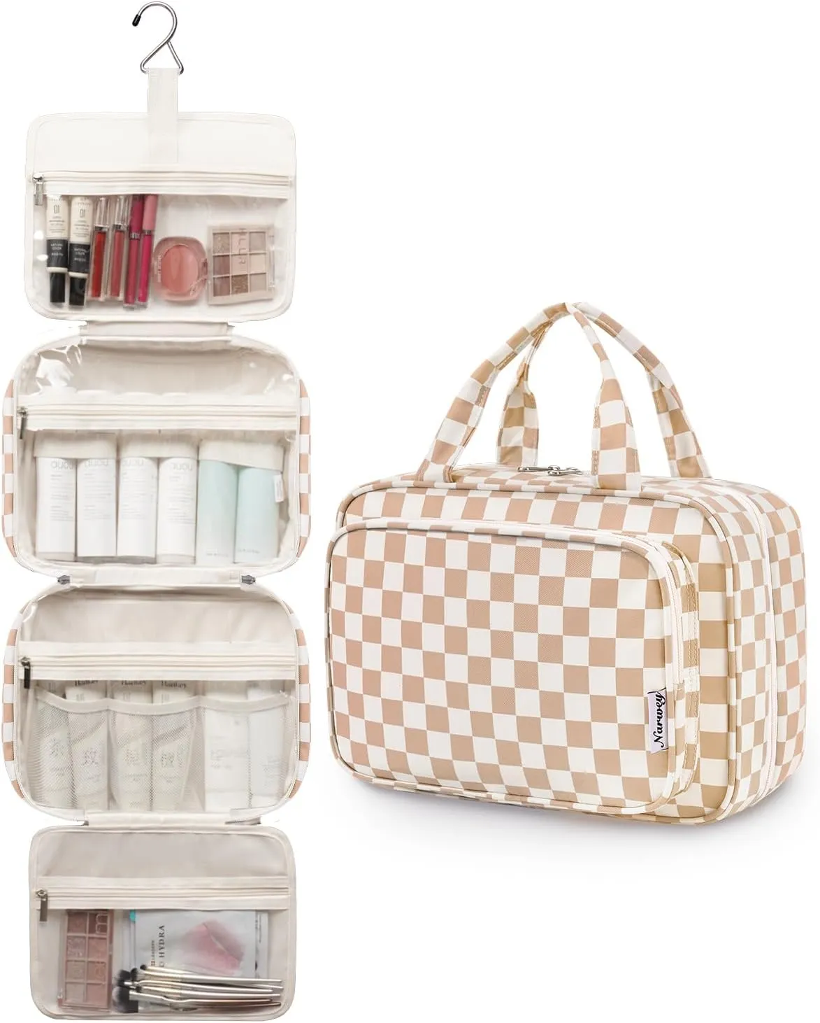 Travel Toiletry Bag for Women Large Hanging Makeup Bag Organizer Toiletries Bag for Full Size Essentials Accessories Cosmetics (Light Checkerboard (Large))