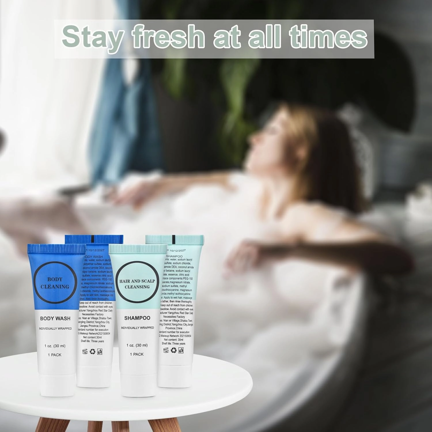 Travel Size Shampoo and Body Wash Bulk, Individually Wrapped Hotel Mini Shower Gel and Small Men Women Cleansing Toiletries Amenities for Hotel/Vacation/Homeless 1 oz (3.7inch, Count, 60)