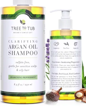 Tree to Tub Peppermint Shampoo for Oily Hair & Sensitive Scalp - Gentle Clarifying Shampoo for Build Up, Sulfate Free Anti Residue Hair Shampoo for Women & Men w/Organic Argan Oil, Natural Aloe Vera