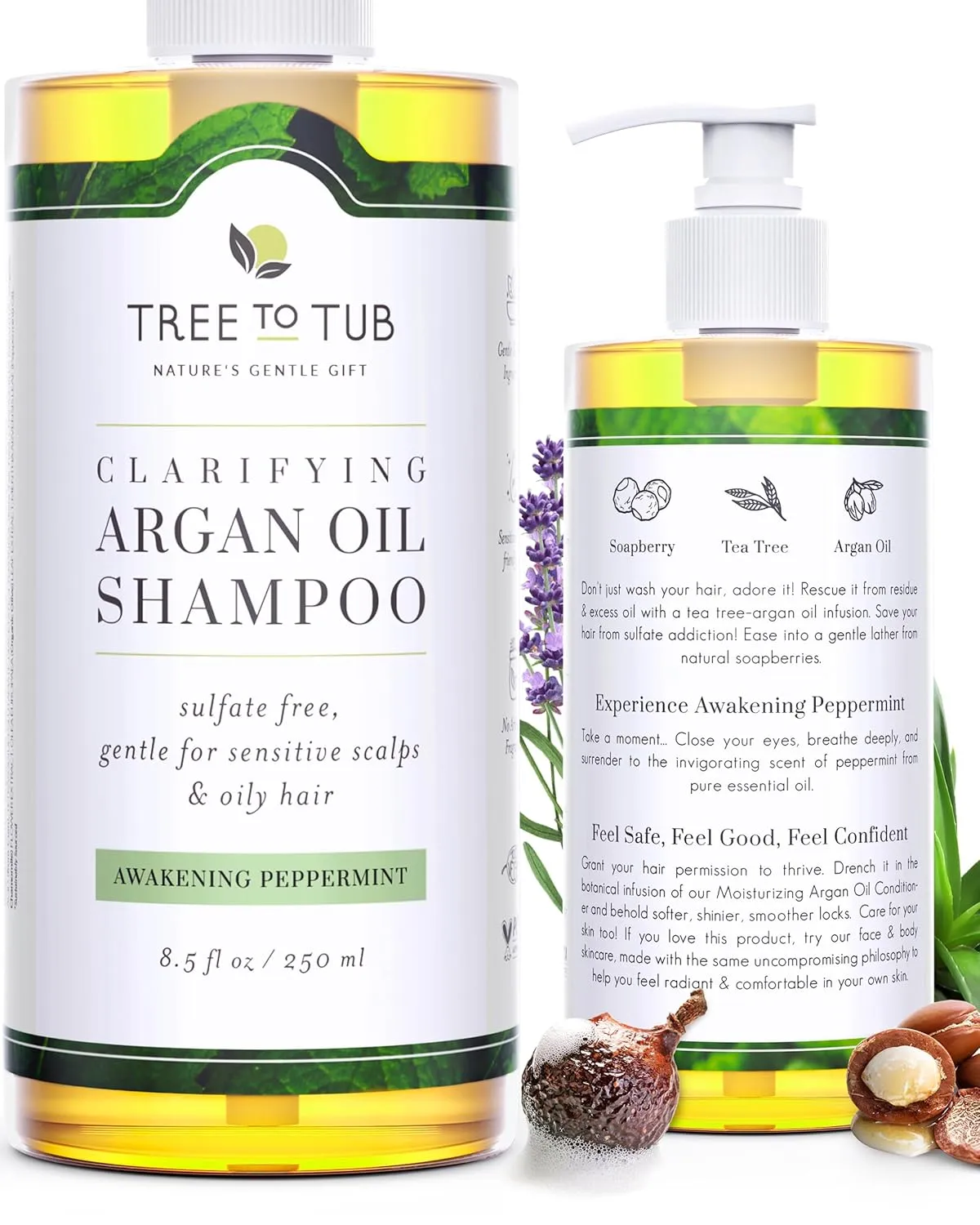 Tree to Tub Peppermint Shampoo for Oily Hair & Sensitive Scalp - Gentle Clarifying Shampoo for Build Up, Sulfate Free Anti Residue Hair Shampoo for Women & Men w/Organic Argan Oil, Natural Aloe Vera