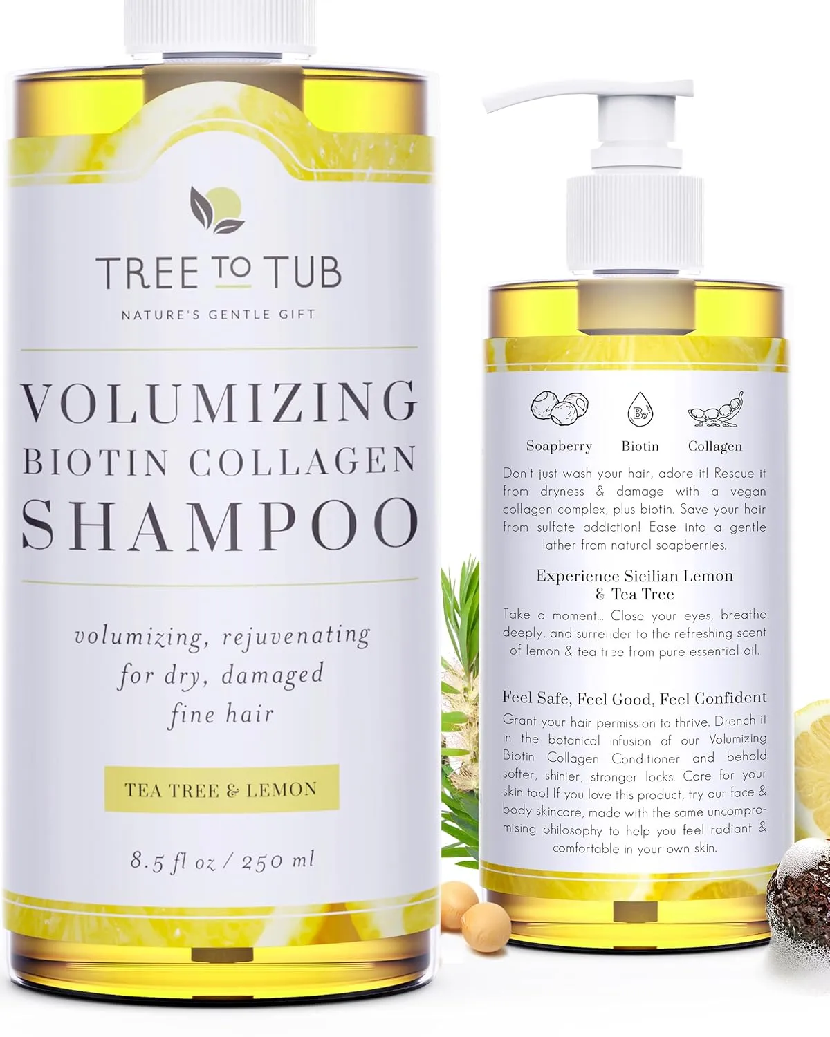 Tree to Tub Volumizing Hair Thickening Shampoo - Biotin, Collagen, Sulfate-Free Argan Oil Shampoo with Wild Soapberries and Sicilian Lemon Tea Tree Oil for Women & Men
