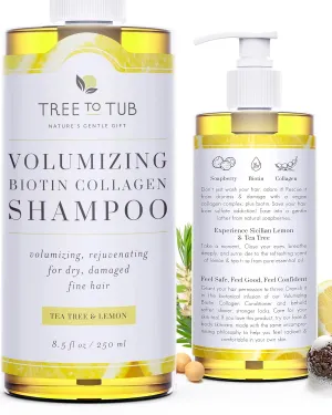 Tree to Tub Volumizing Hair Thickening Shampoo - Biotin, Collagen, Sulfate-Free Argan Oil Shampoo with Wild Soapberries and Sicilian Lemon Tea Tree Oil for Women & Men