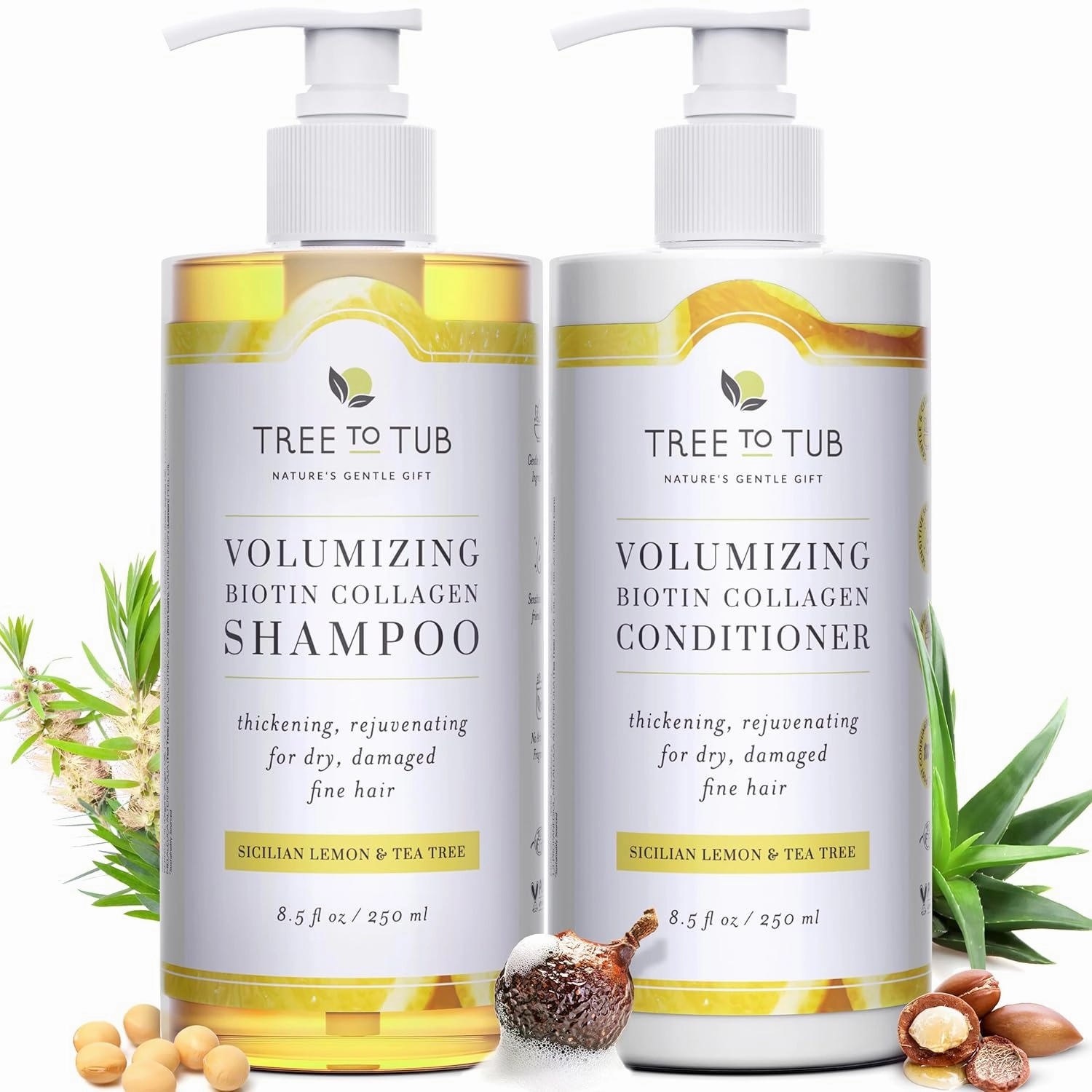 Tree To Tub Biotin Shampoo and Conditioner - Gentle Hair Thickening Shampoo and Conditioner for Fine Hair, Sensitive Scalp- Sulfate Free Shampoo and Conditioner Set w/Vegan Collagen Organic Argan Oil