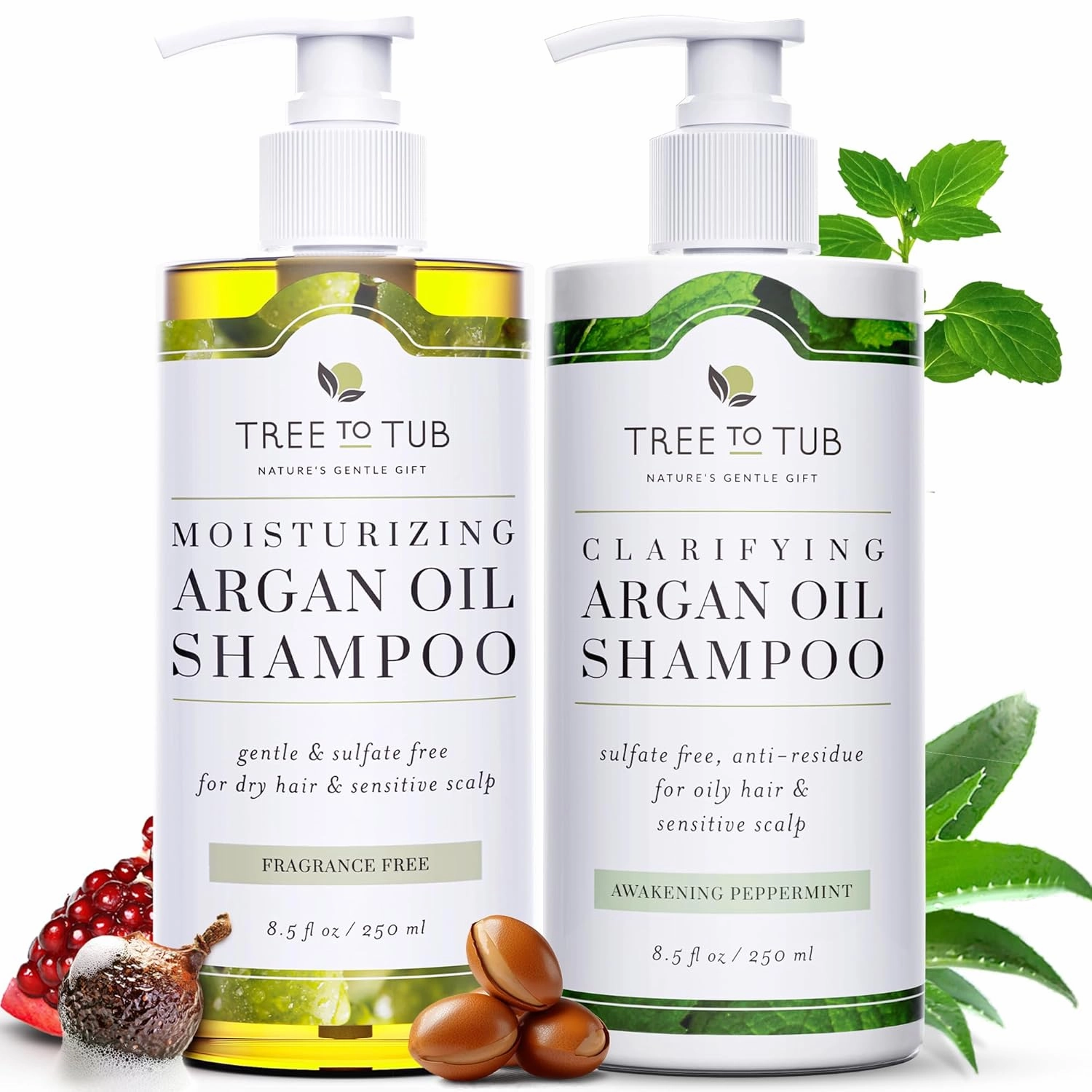 Tree to Tub Fragrance Free Shampoo and Argan Oil Conditioner for Dry or Oily Hair & Sensitive Scalp - Gentle Unscented Hydrating Hair Shampoo for Women & Men and Moisturizing Sulfate Free Conditioner