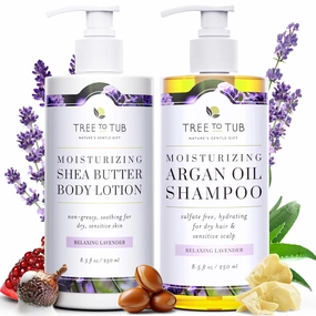 Tree to Tub Lavender Shea Butter Body Lotion for Dry Skin & Lavender Dry Hair Shampoo for Sensitive Scalp - Moisturizing Sensitive Skin Lotion & Gentle Hydrating Dry Scalp Shampoo for Women & Men