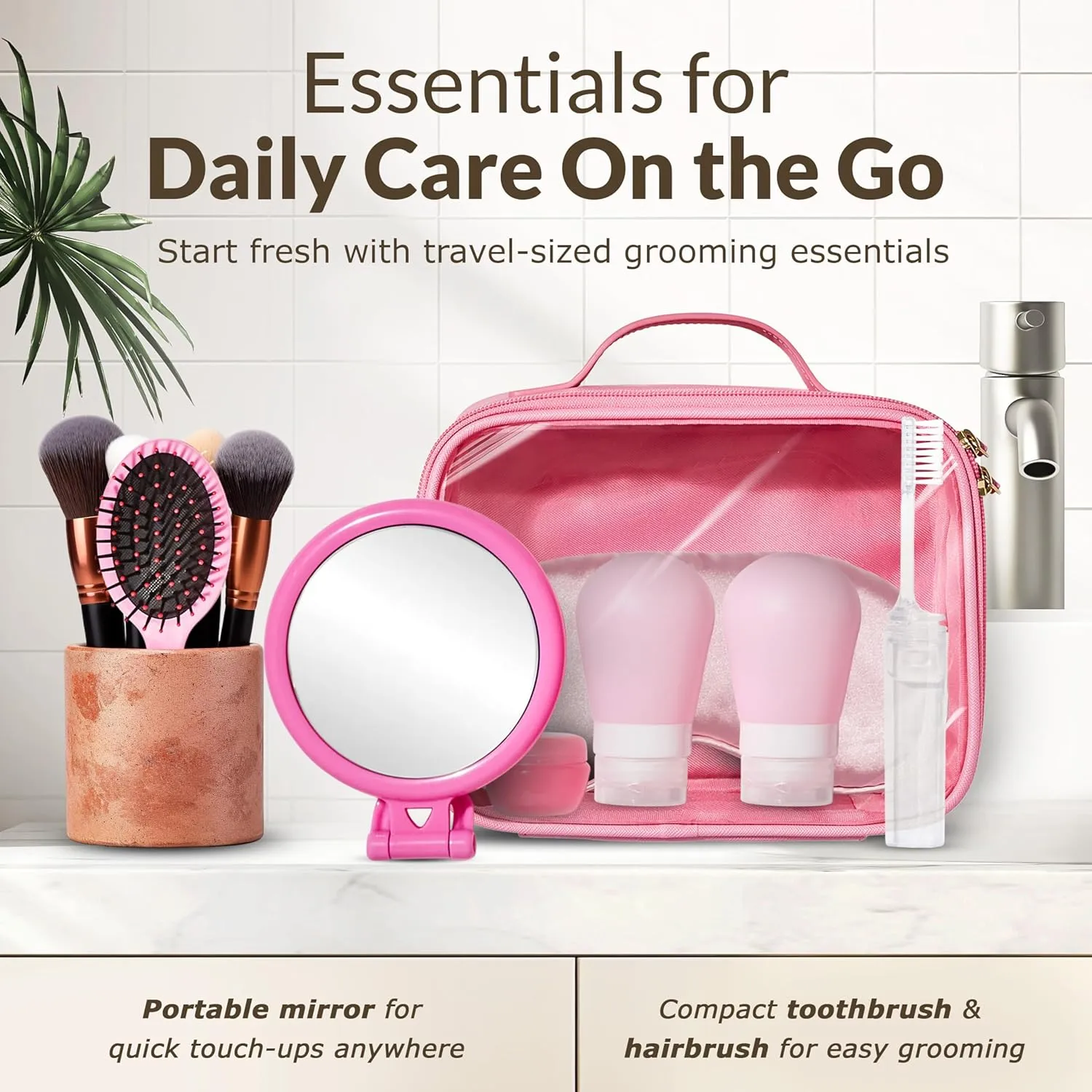 TSA-Approved Gift Ready Travel Kit – Clear Lid Toiletry Bag with Sleep Mask, Silicone Containers, Hairbrush, Toothbrush, Mirror, Facial Massager – All in an Elegant Gift Box