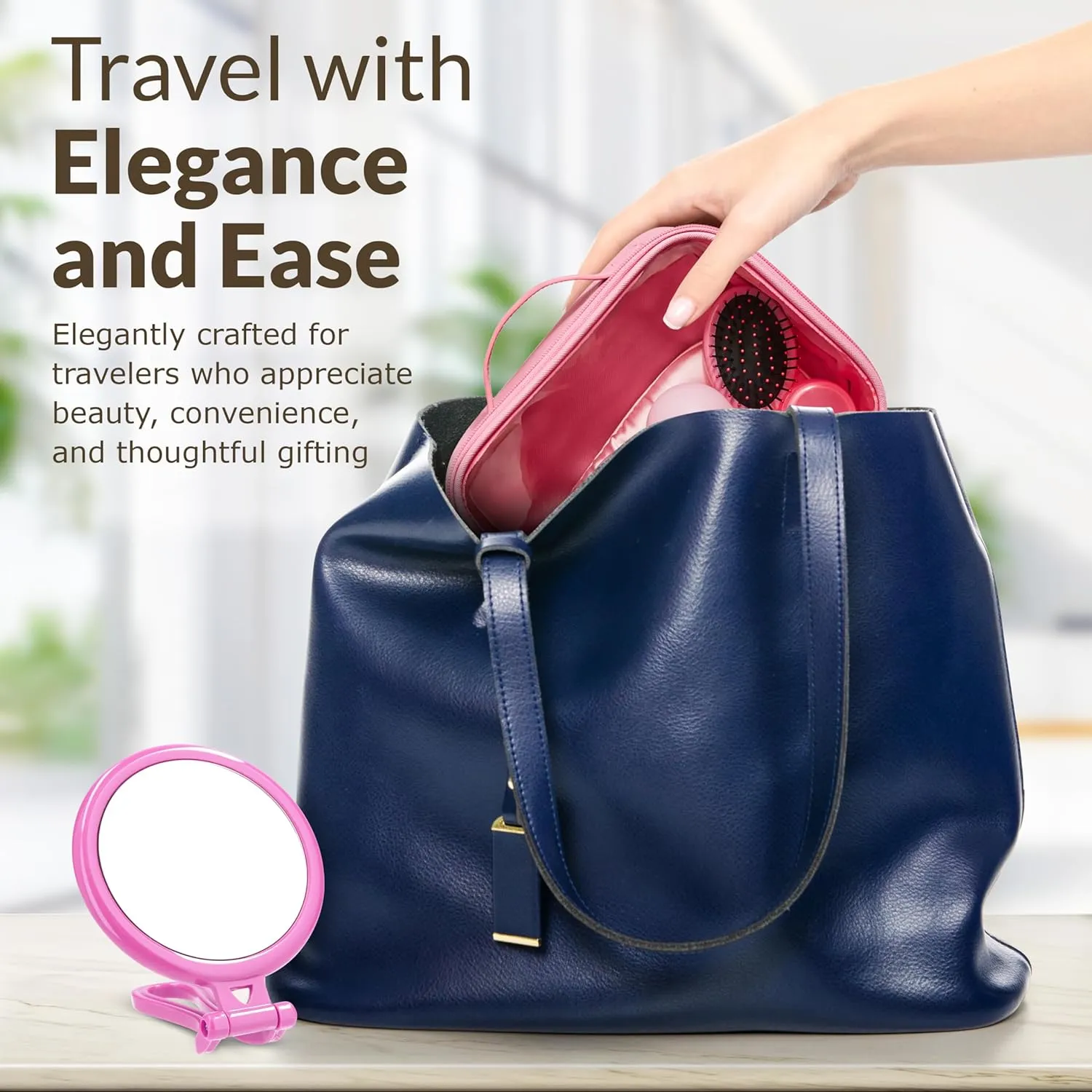 TSA-Approved Gift Ready Travel Kit – Clear Lid Toiletry Bag with Sleep Mask, Silicone Containers, Hairbrush, Toothbrush, Mirror, Facial Massager – All in an Elegant Gift Box