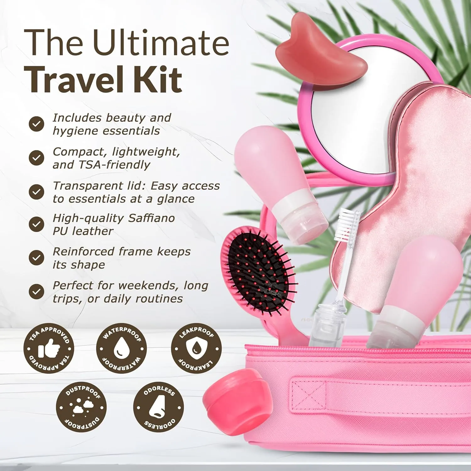 TSA-Approved Gift Ready Travel Kit – Clear Lid Toiletry Bag with Sleep Mask, Silicone Containers, Hairbrush, Toothbrush, Mirror, Facial Massager – All in an Elegant Gift Box