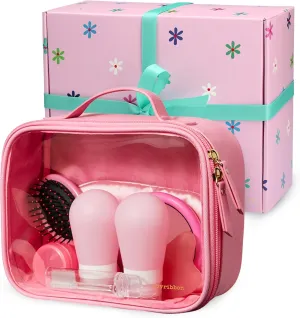 TSA-Approved Gift Ready Travel Kit – Clear Lid Toiletry Bag with Sleep Mask, Silicone Containers, Hairbrush, Toothbrush, Mirror, Facial Massager – All in an Elegant Gift Box