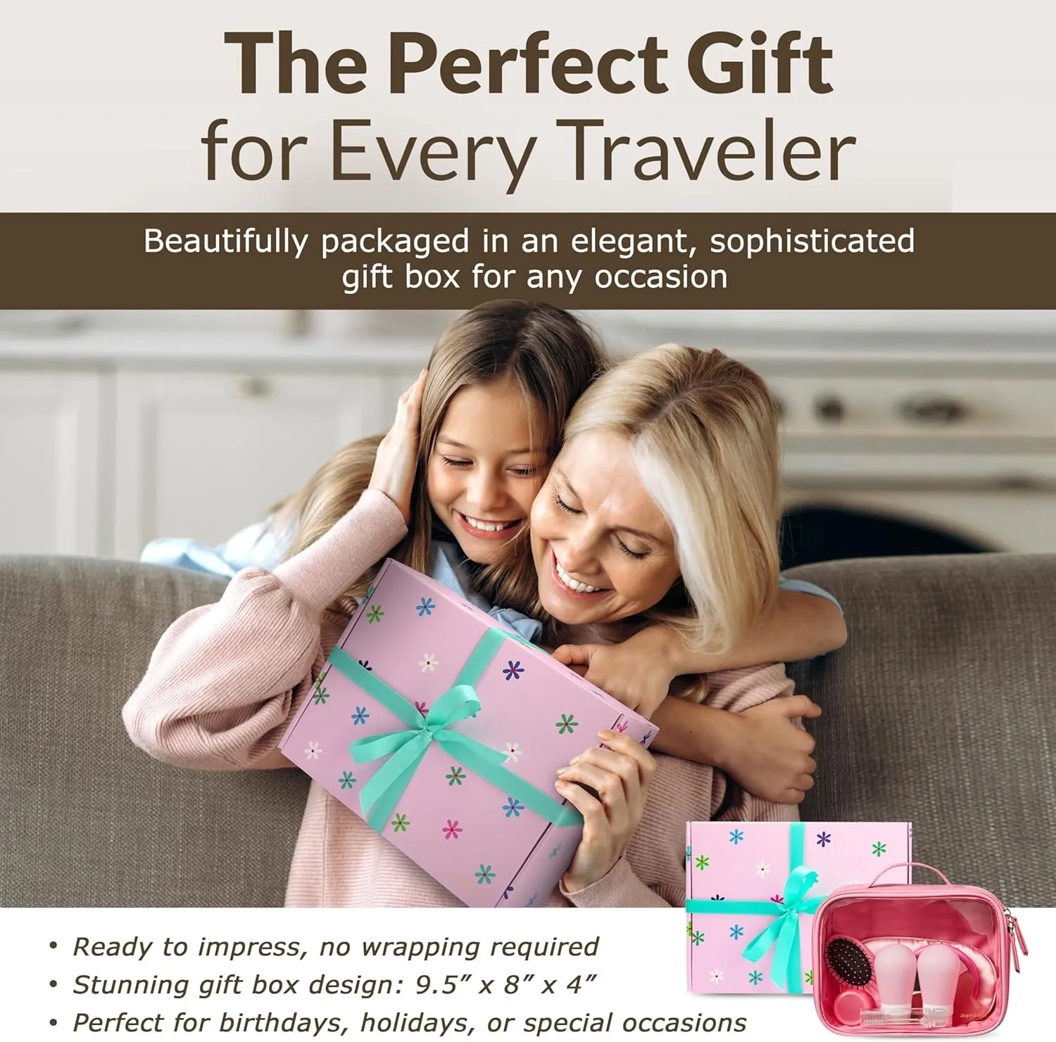 TSA-Approved Gift Ready Travel Kit – Clear Lid Toiletry Bag with Sleep Mask, Silicone Containers, Hairbrush, Toothbrush, Mirror, Facial Massager – All in an Elegant Gift Box
