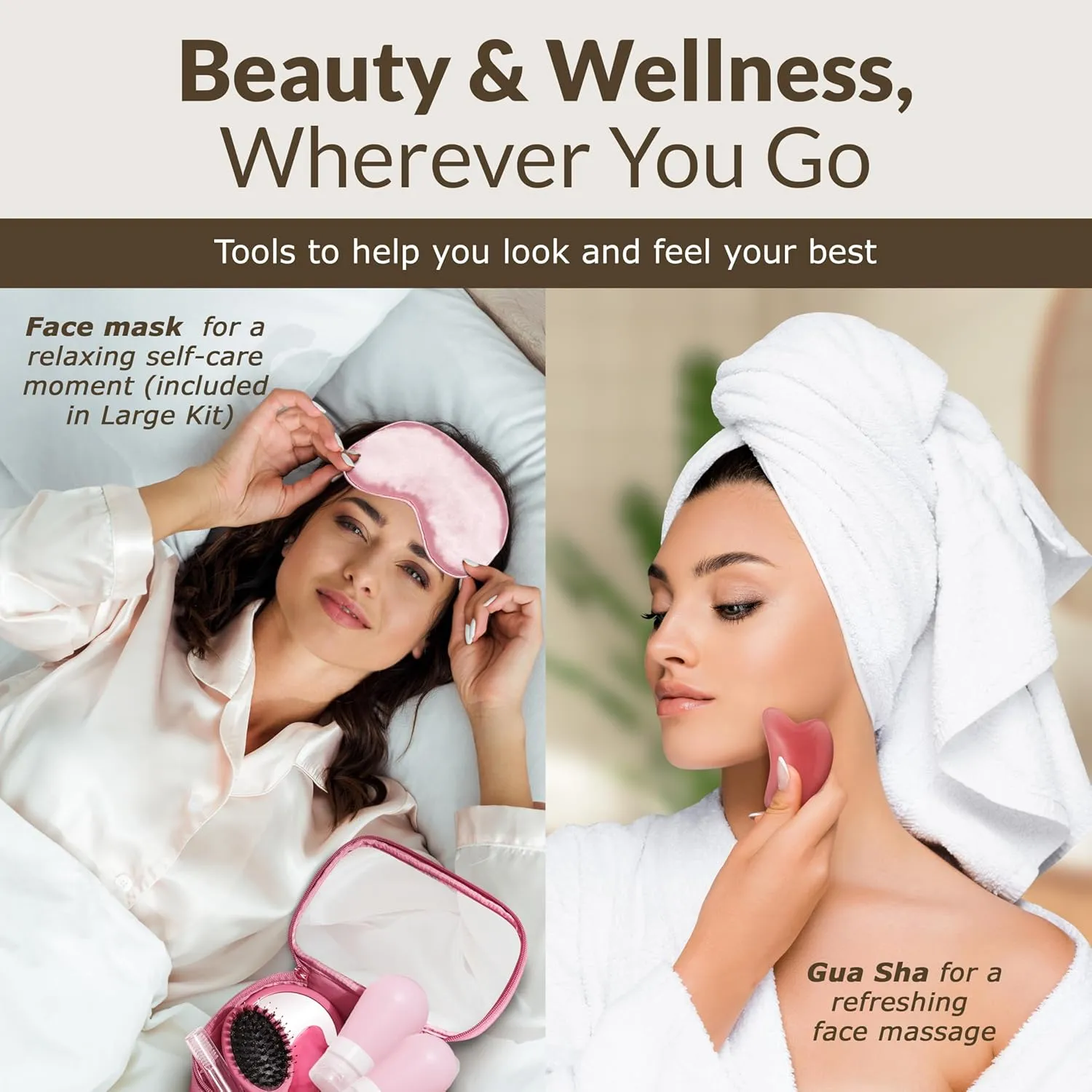 TSA-Approved Gift Ready Travel Kit – Clear Lid Toiletry Bag with Sleep Mask, Silicone Containers, Hairbrush, Toothbrush, Mirror, Facial Massager – All in an Elegant Gift Box