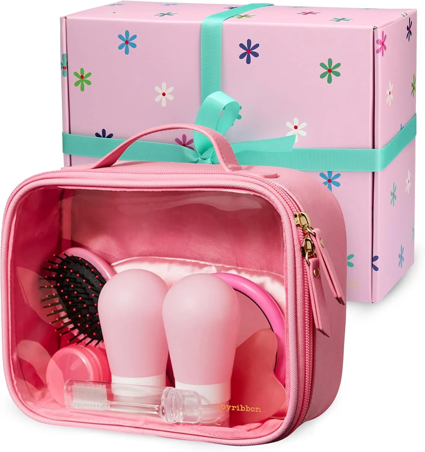TSA-Approved Gift Ready Travel Kit – Clear Lid Toiletry Bag with Sleep Mask, Silicone Containers, Hairbrush, Toothbrush, Mirror, Facial Massager – All in an Elegant Gift Box