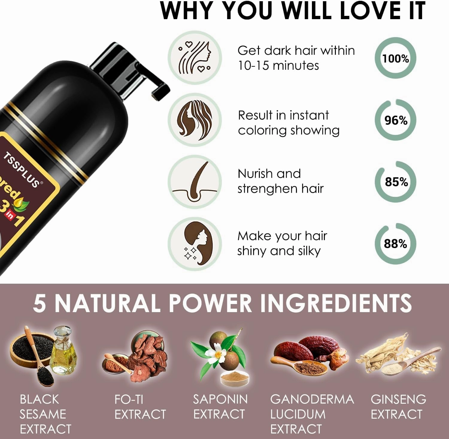 TSSPLUS 500ml Hair Coloring Shampoo Organic Natural Black Hair Dye for Women Men Cover Gray White Hair, Instant Hair Colouring (Light Brown)