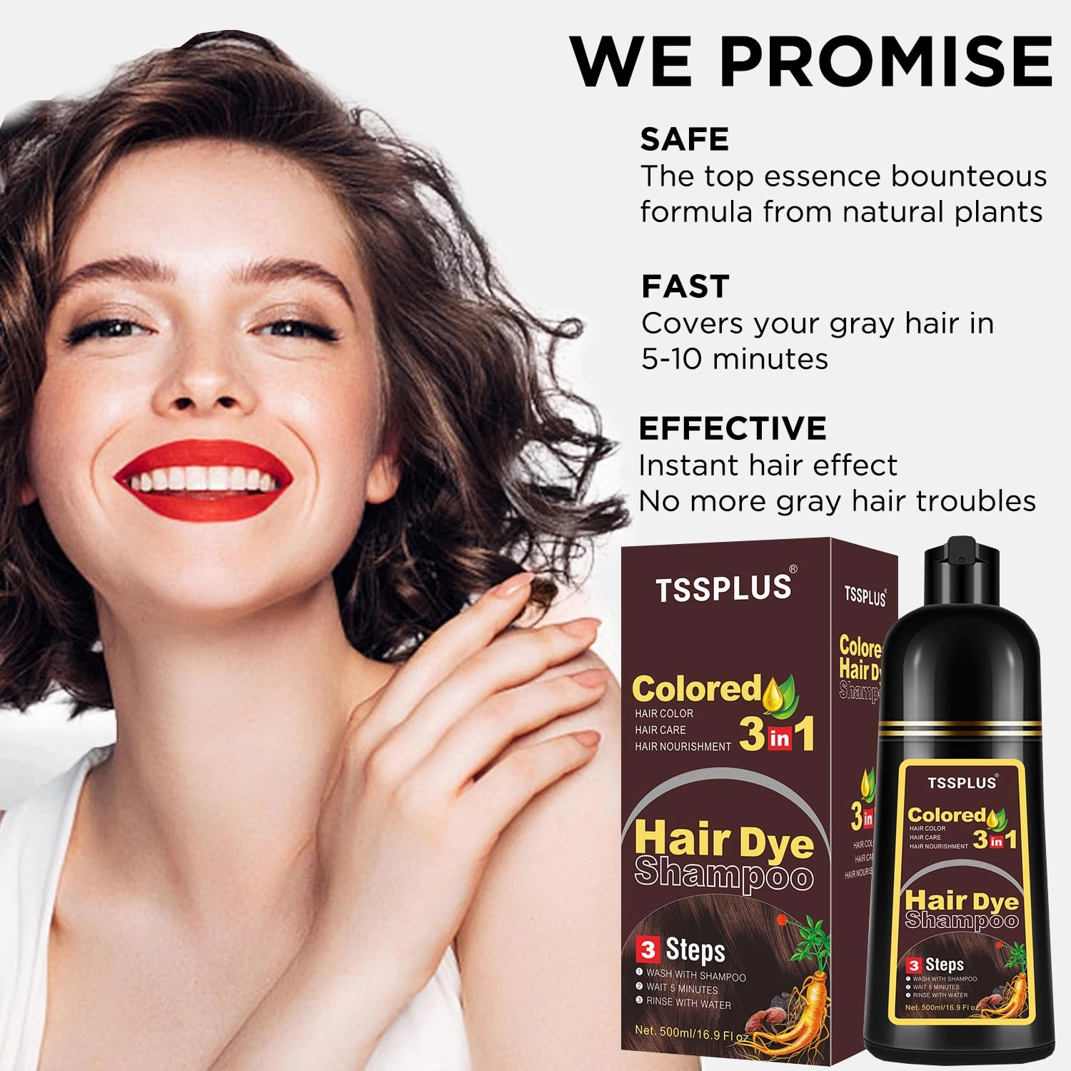 TSSPLUS 500ml Hair Coloring Shampoo Organic Natural Black Hair Dye for Women Men Cover Gray White Hair, Instant Hair Colouring (Light Brown)