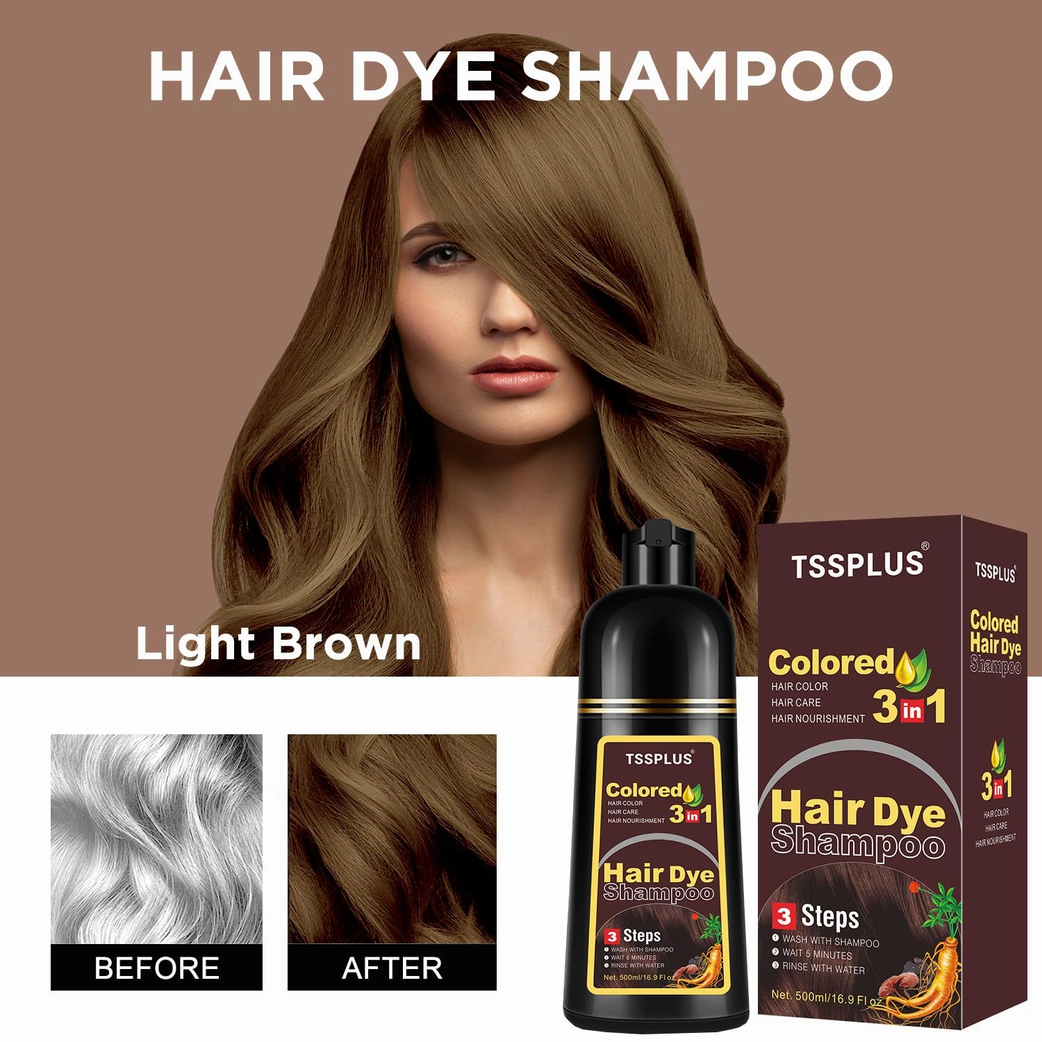 TSSPLUS 500ml Hair Coloring Shampoo Organic Natural Black Hair Dye for Women Men Cover Gray White Hair, Instant Hair Colouring (Light Brown)