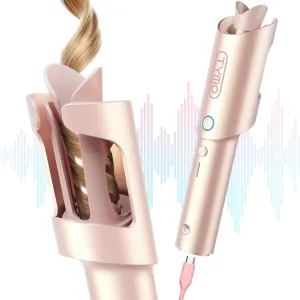 TYMO Cordless Automatic Curling Iron - TYMO CurlGo 1 Inch Beach Waves Rotating Curling Wand, Dual Voltage & Rechargeable Portable Hair Curler for Travel, Safe & Tangle-Free, Gold Blush