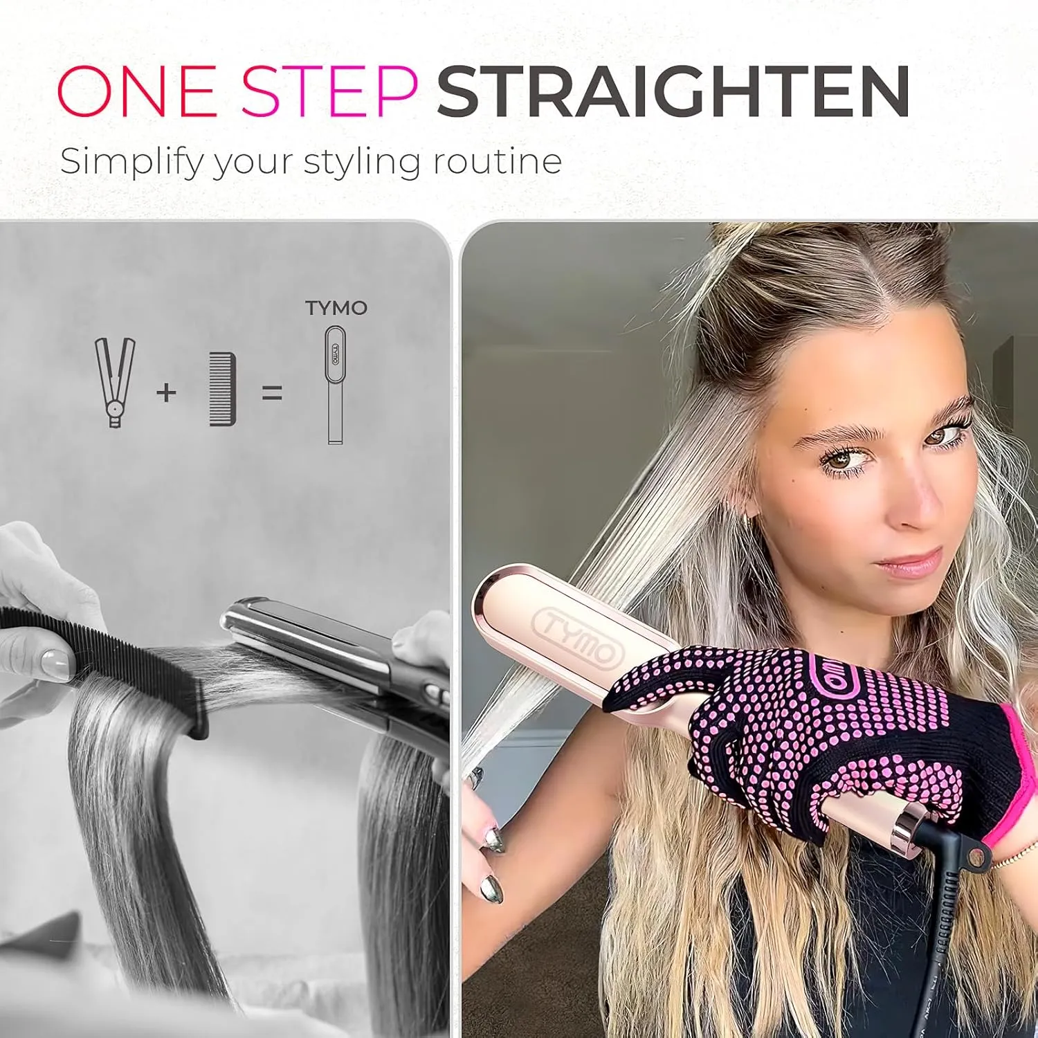 TYMO Ring Plus Ionic Hair Straightener Brush - Straightening Comb with Negative Ions for Women, Titanium Coating, 9 Temp Settings & LED Display, Dual Voltage, Professional Styling Tools, Gold Blush