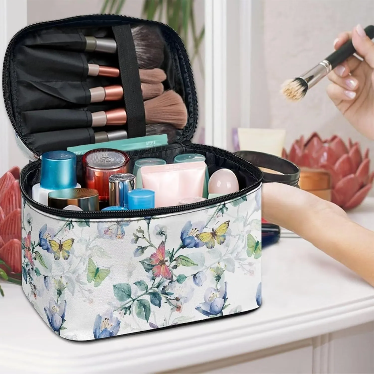 Uasibuni Flower Butterfly Portable Cosmetic Bag Travel Makeup Bag,Cute Makeup Bags for Women Pouch Open Flat Make Up Organizer Case for Toiletries, Brushes Bag