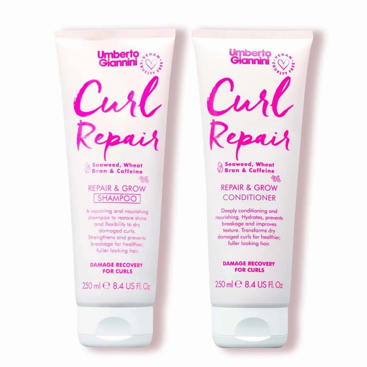 Umberto Giannini Curl Repair Shampoo   Conditioner Set, Vegan & Cruelty Free Repair & Growth Formula with Seaweed, Wheat Bran & Caffeine, 250 ml