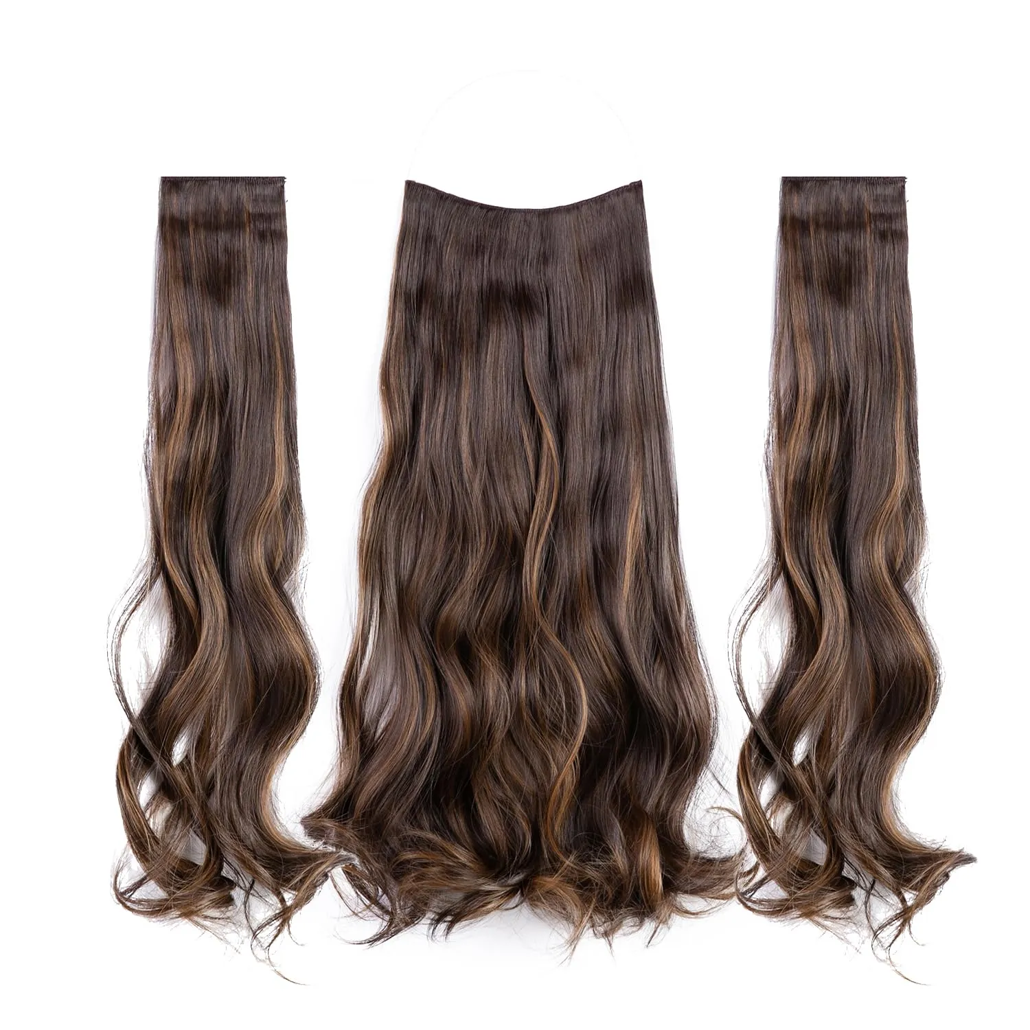 Upgrade Invisible Halo Hair Extensions with 3 PCS Set Headband Adjustable Long Wavy Secret Dark Brown & Pale Ash Blonde Hair Extensions for Women