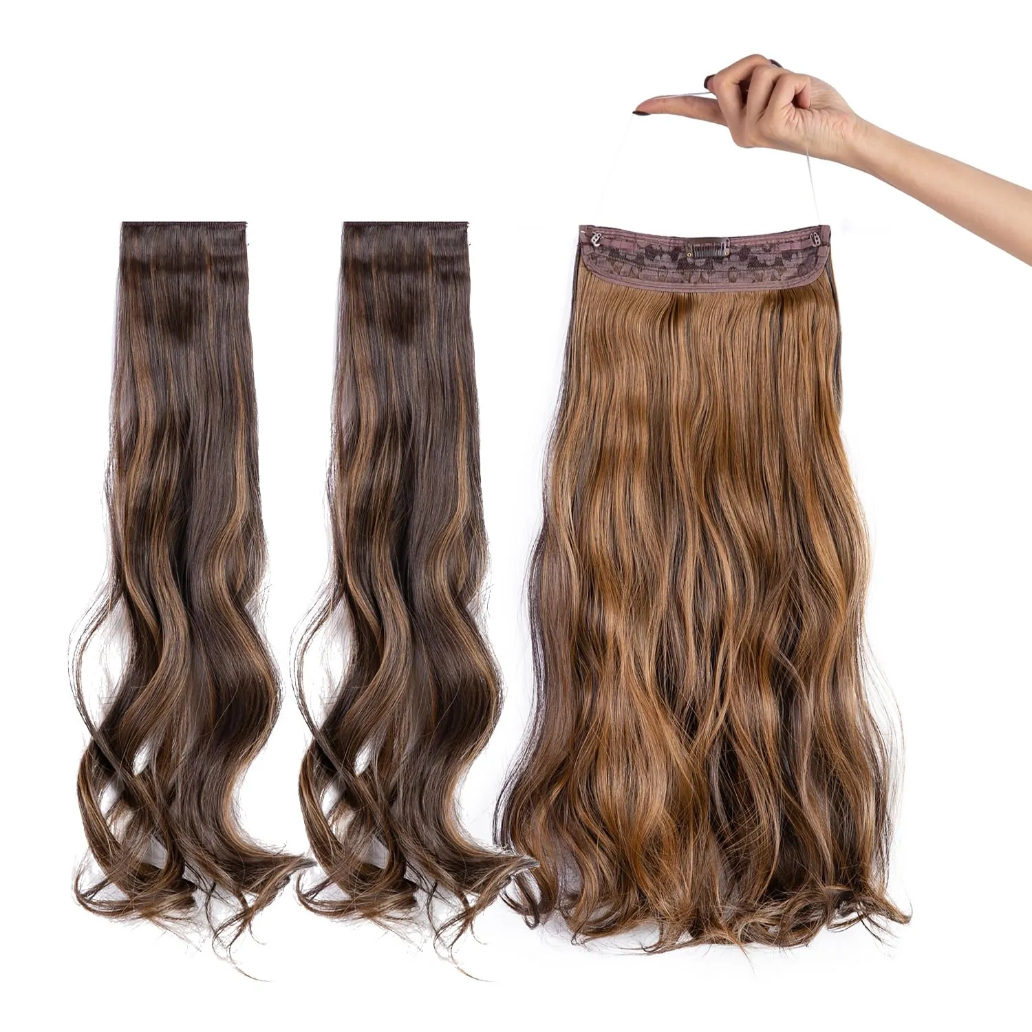 Upgrade Invisible Halo Hair Extensions with 3 PCS Set Headband Adjustable Long Wavy Secret Dark Brown & Pale Ash Blonde Hair Extensions for Women