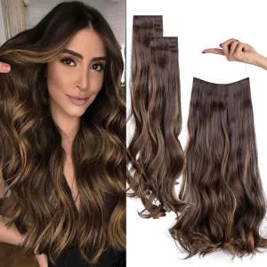 Upgrade Invisible Halo Hair Extensions with 3 PCS Set Headband Adjustable Long Wavy Secret Dark Brown & Pale Ash Blonde Hair Extensions for Women